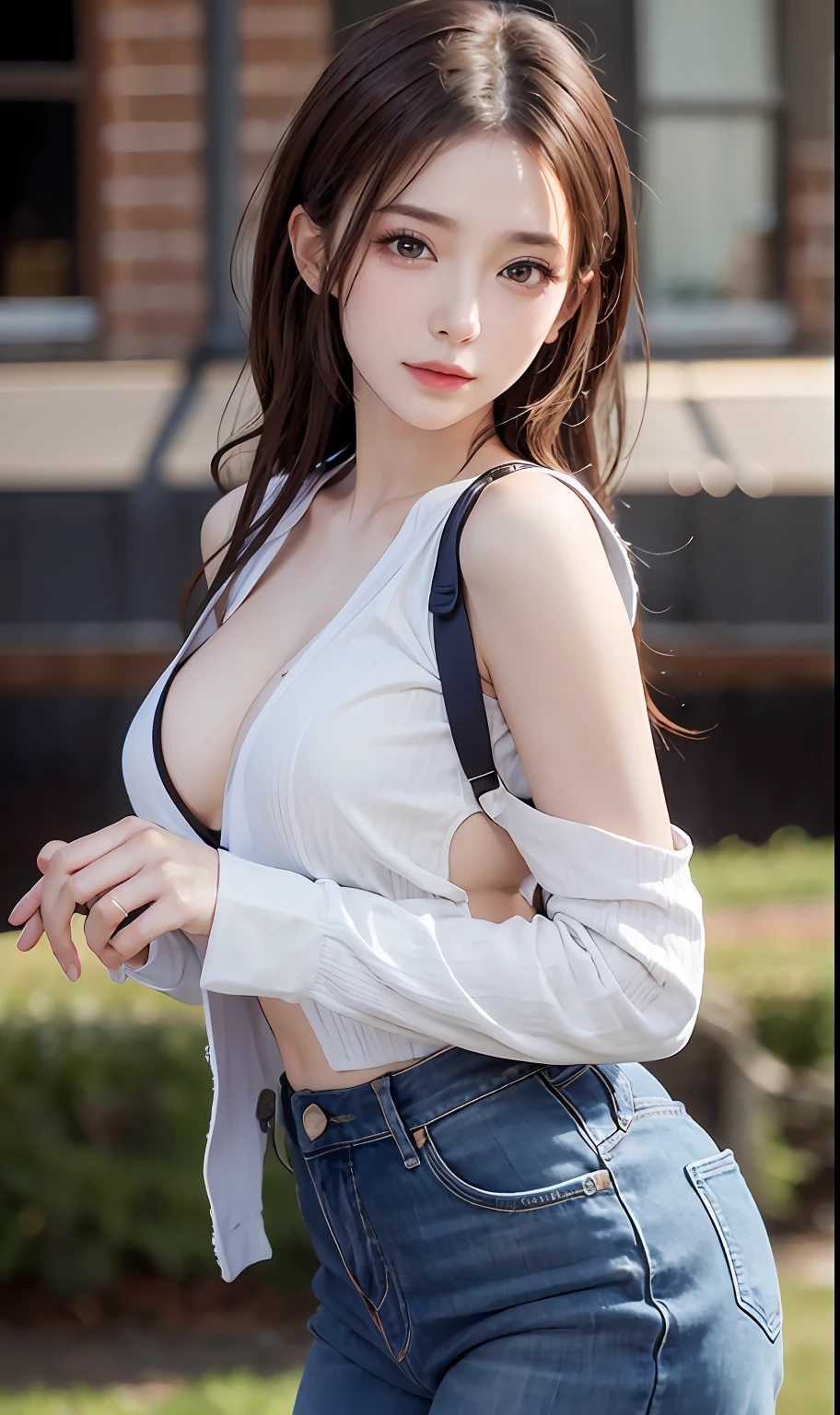 （RAW photos：1.2），high high quality，Beautiful Meticulous Girl，Highly detailed eyes and face，beatiful detailed eyes，hugefilesize，A high resolution，8k wallpaper，finely detailled，Highly detailed stock code uniform 8k wallpaper，light in face，电影灯光，16 year old girl，A sexy pose，（photo-realism：1.4），illustratio，ultra-realistic realism，super detailing， tmasterpiece， being in the grassland，Wear casual clothes，full body shot shot，Bigchest，low chest