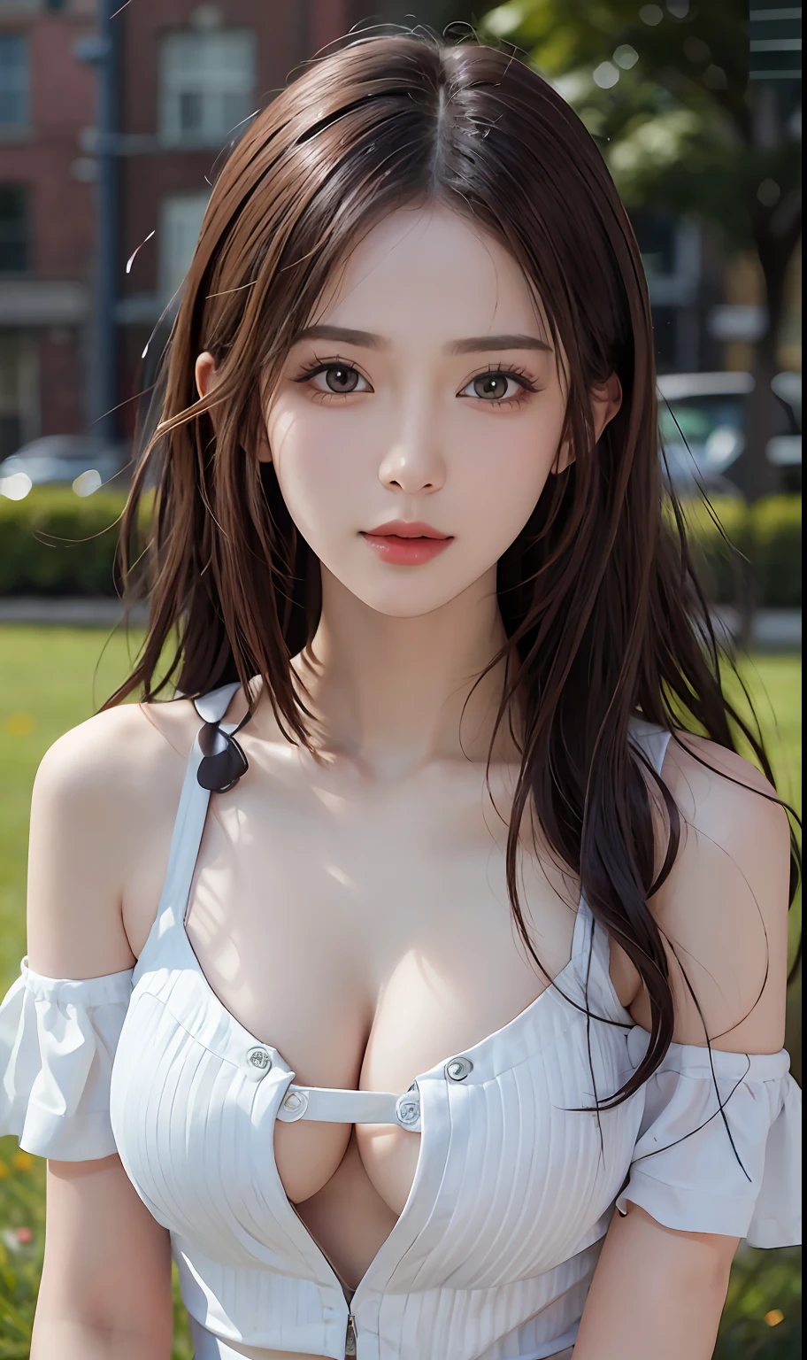 （RAW photos：1.2），high high quality，Beautiful Meticulous Girl，Highly detailed eyes and face，beatiful detailed eyes，hugefilesize，A high resolution，8k wallpaper，finely detailled，Highly detailed stock code uniform 8k wallpaper，light in face，电影灯光， girl，A sexy pose，（photo-realism：1.4），illustratio，ultra-realistic realism，super detailing， tmasterpiece， being in the grassland，Wear casual clothes，full body shot shot，Bigchest，low chest