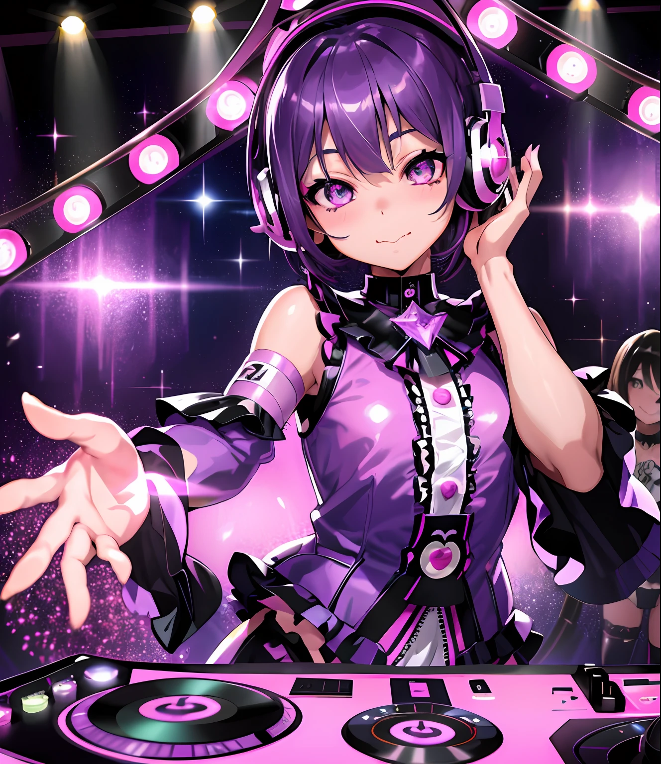 masutepiece、Ultra-high-definition digital art、(DJs)、girl with、purplehair、short-hair、kawaii faces、((fun look))、Lolita Performance Wear、headphones、(DJ Booth)、Crystal clear skin、beautidful eyes、disco、mirror ball、turntable、Floor Audience、Glitter、perfect hand、intricate detailes、sharpnes、Live Performances