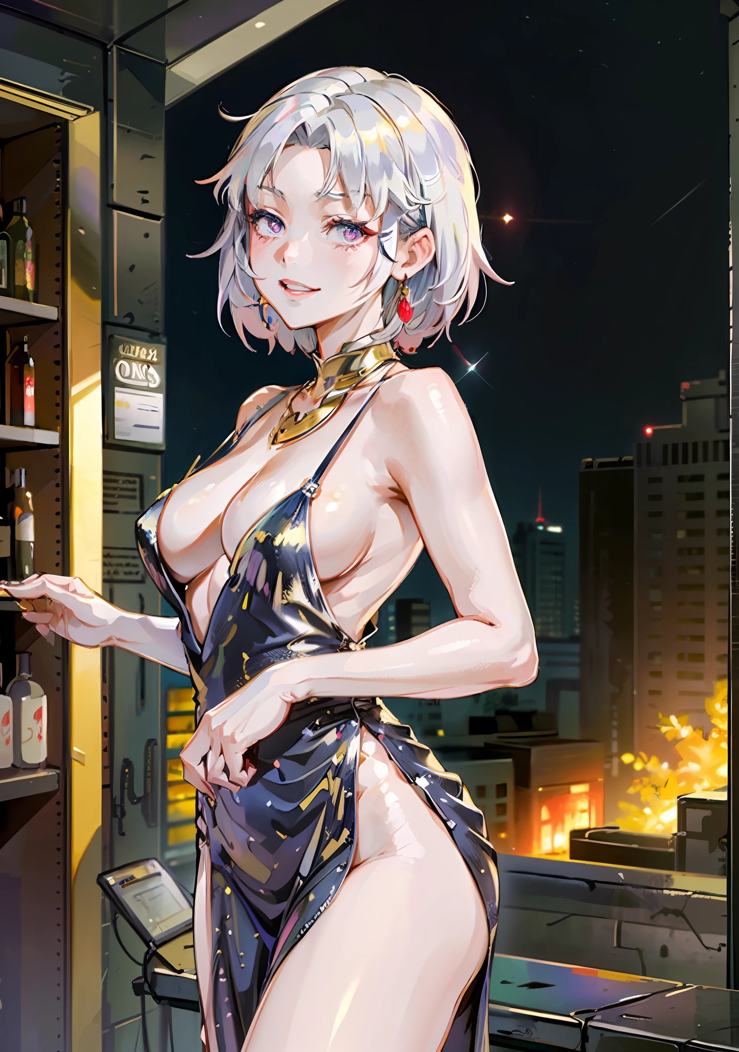 ((((masterpiece, best quality, high resolution)))), 1girl, white hair, purple eyes, short wavy hair, average breasts, blush, light smile, parted lips, glow, thighs, bare shoulders, collarbone, narrow waist, cleavage, (beautiful detailed face, beautiful detailed eyes), (revealing clothes:1.0), (breasts curtain, sideboobs, plunging neckline, gold dress, backless satin mini dress, high slit cut, revealing, silver necklace, hair ornament, earrings), night sky, night light, fancy jazz bar, golden glittery dress
