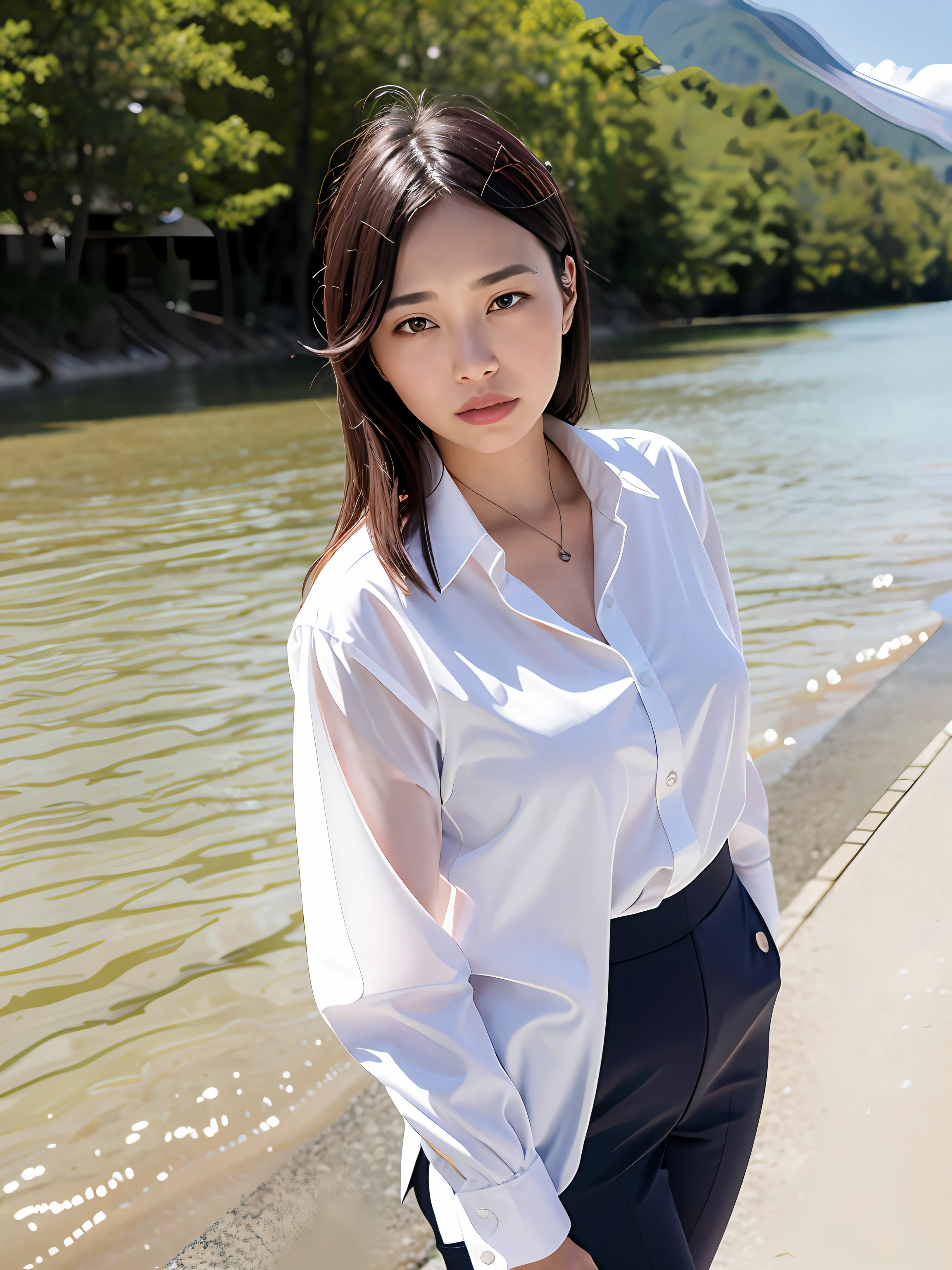 1girl,solo, parted lips, office lady, business suit ,
river,mountain, hand on arm , looking at viewer,