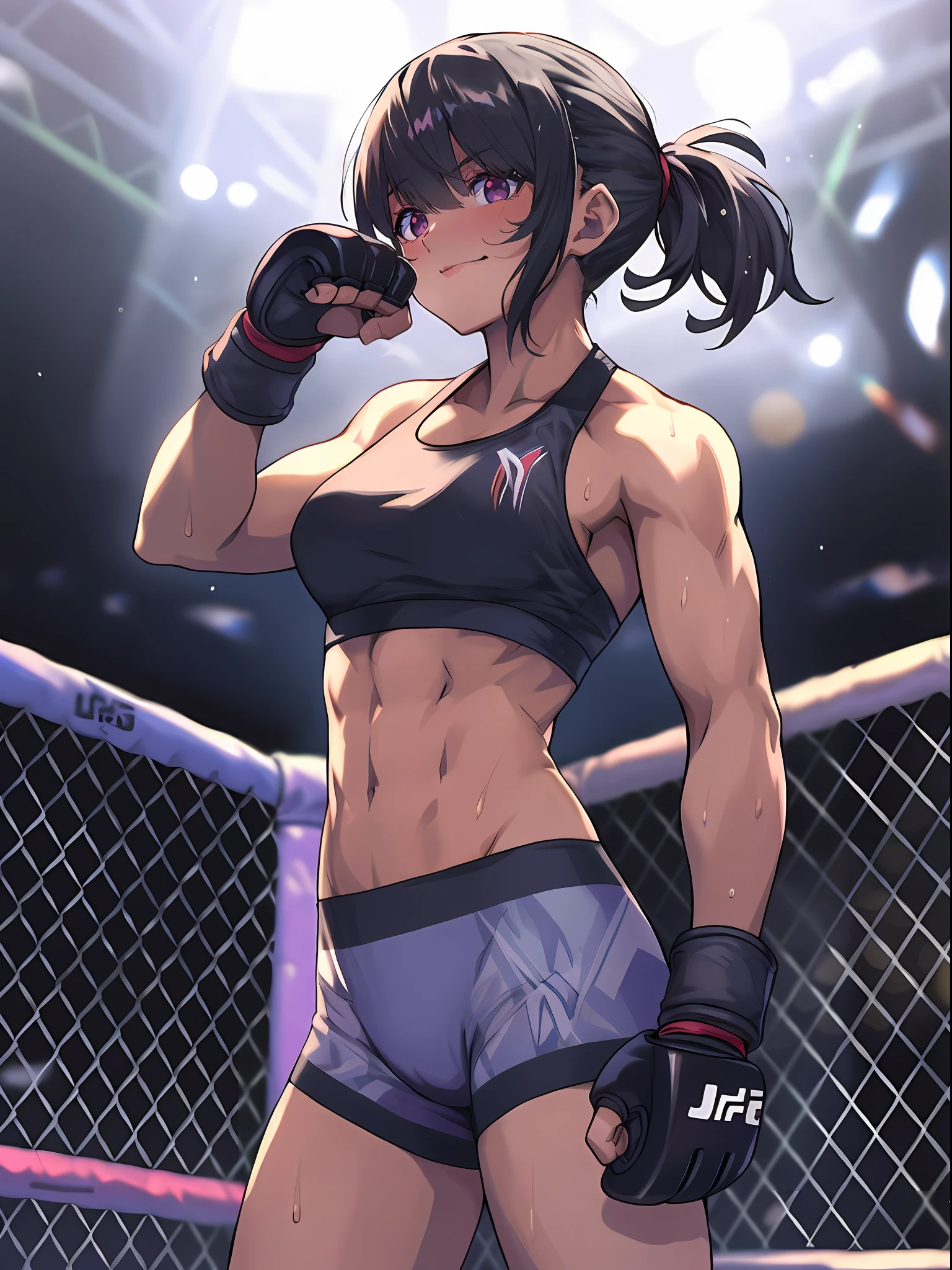 character design, full body, high quality, best quality, ultla detailed, 1girl, solo, MMA, UFC, mixed martial arts, fighting, punching, anime, anime girl, MMA ring, stadium, purple eyes, muscular girl, sports bra, beautiful stomach, sticky chest, short leggings, bike shorts, beautiful foot, skintight, skintight, clothing, white clothing, openfinger gloves,