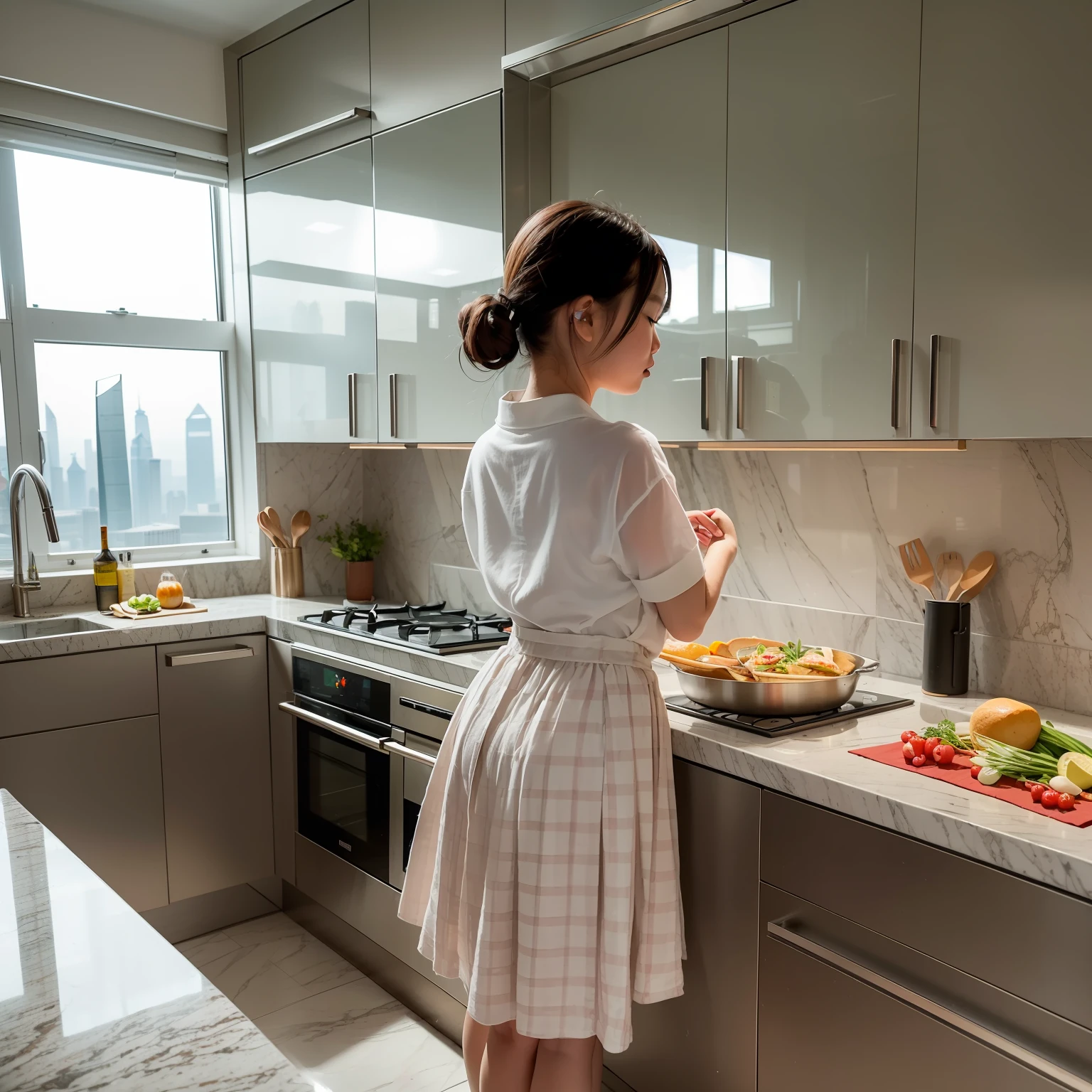 Located on the 180th floor of Shanghai Tower,Five delicate cute s with upturned asses,junior school student,Cook in an upscale open kitchen