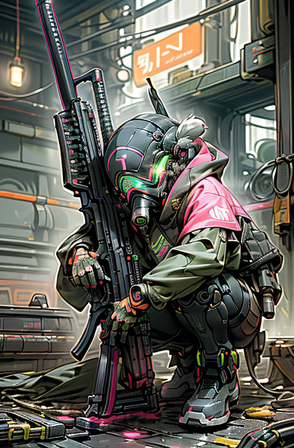 helmets、(gas masks:1.3)、(Neon explosion:1.5)、(neon wires:1.2)、(1 sniper rifle:1.5)、(Aim with a gun:1.6)、(Wearing a hood:1.2)、(crouching down:1.6)、(Falling cartridge case:1.5)、colourfull、cyberpunked、(独奏:1.5)、Mechanical Marvel、droid、(((​masterpiece、top-quality、Beautiful、ultra-detailliert)))