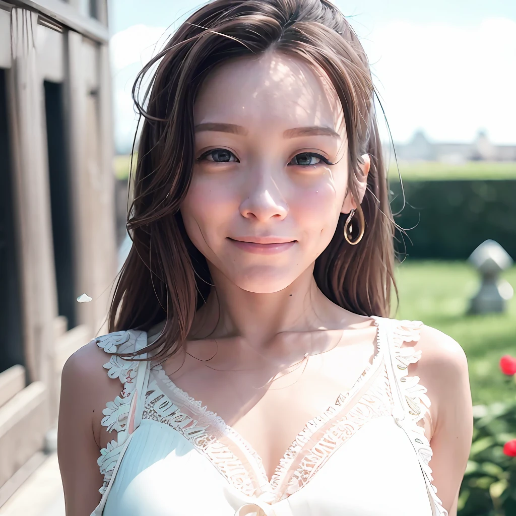 (Masterpiece, Superb Girl, 20 Years Old, Single, Complex Details, Color Aberration), Realistic, (Hazel Eyes: 1.2), (Casual Expression), (Big Eyes), (Lora: museNaturalfaceV1_v1:0.2), pureerosface_v1, (Bright Smile: 1), Lace, Flower, Big Breast,