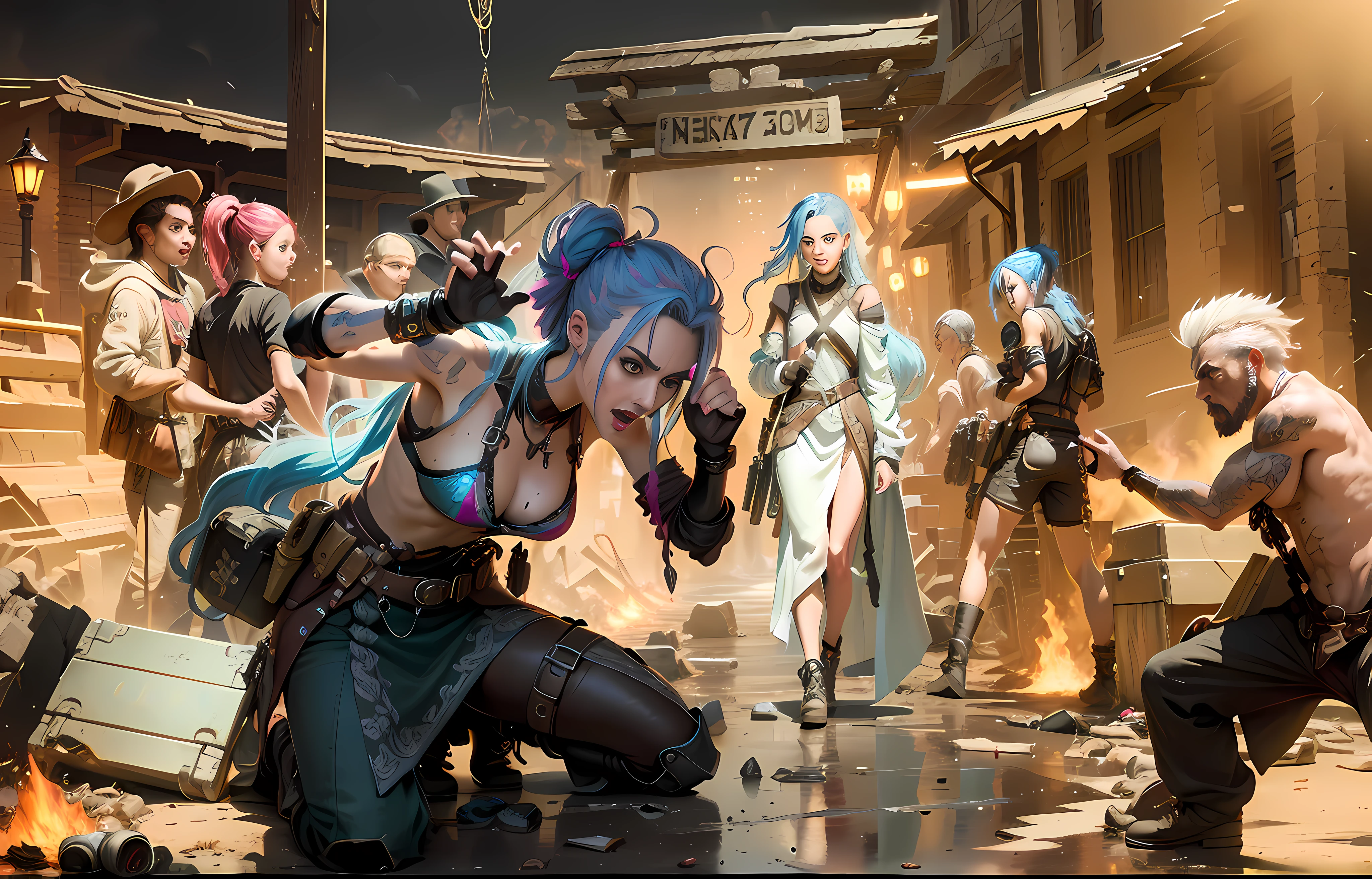 ((Best quality)), ((masterpiece)), (highly detailed:1.3), 3D, arcane style,In the dark and courageous dystopian city of Piltover, plagued by violence and divided into two opposing factions, a young prodigy named Jinx emerges. Having endured unimaginable loss and abandonment, she embraced a life of chaos and destruction. Known for her inventive and explosive abilities, Jinx becomes an icon of rebellion against the oppressive forces that control the city. However, haunted by guilt and battling inner demons, she must confront her past and decide whether to continue on the path of anarchy or seek redemption amid the turmoil. Explore Jinx's journey as she navigates a treacherous world, fighting for survival, unlocking secrets, and discovering the true meaning of her twisted existence, chaos reigns supreme, and at the center of it all is Jinx, the embodiment of unpredictability. Delve deep into Jinx's twisted mind, exploring the origins of his madness and the driving force behind his destructive nature. Unravel the moments that shaped her into the crazed, iconic character we know. Take us on a wild journey through the vibrant streets of Piltover and the shadowy suburb of Zaun as Jinx wreaks havoc with his explosive arsenal. Can redemption find its way into Jinx's fractured soul? Or will she dance forever on the edge of sanity, embracing the chaos that fuels her very existence? Arcane's fate hangs in the balance as Jinx's path intertwines with unlikely allies and formidable enemies. Ignite your imagination and paint a vivid portrait of Jinx's distorted psyche, capturing the essence of her madness and the indomitable spirit that defines it, HDR (High Dynamic Range), Ray Tracing, NVIDIA RTX, Super-Resolution, Unreal 5, Subsurface Scattering, PBR Texturing, Post-processing, Anisotropic Filtering, Depth of Field, Maximum Clarity and Sharpness, Multit Textures