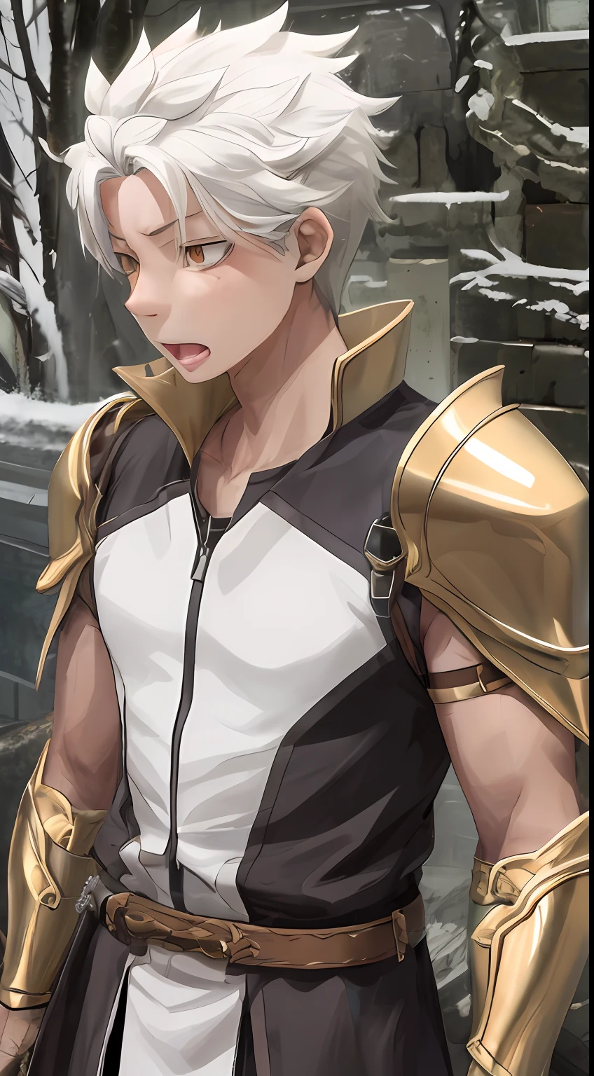 （1 Adult male），A high resolution， Sharp focus， Pixiv masterpiece， （（Complicated details））， highly  detailed， natsuki_subaru， 1 man， with her mouth open，drools，full bodyesbian， Golden eyes（eyes glowing）， with short white hair，Armour，cloaks，Shoulder armor，perspire，look from down