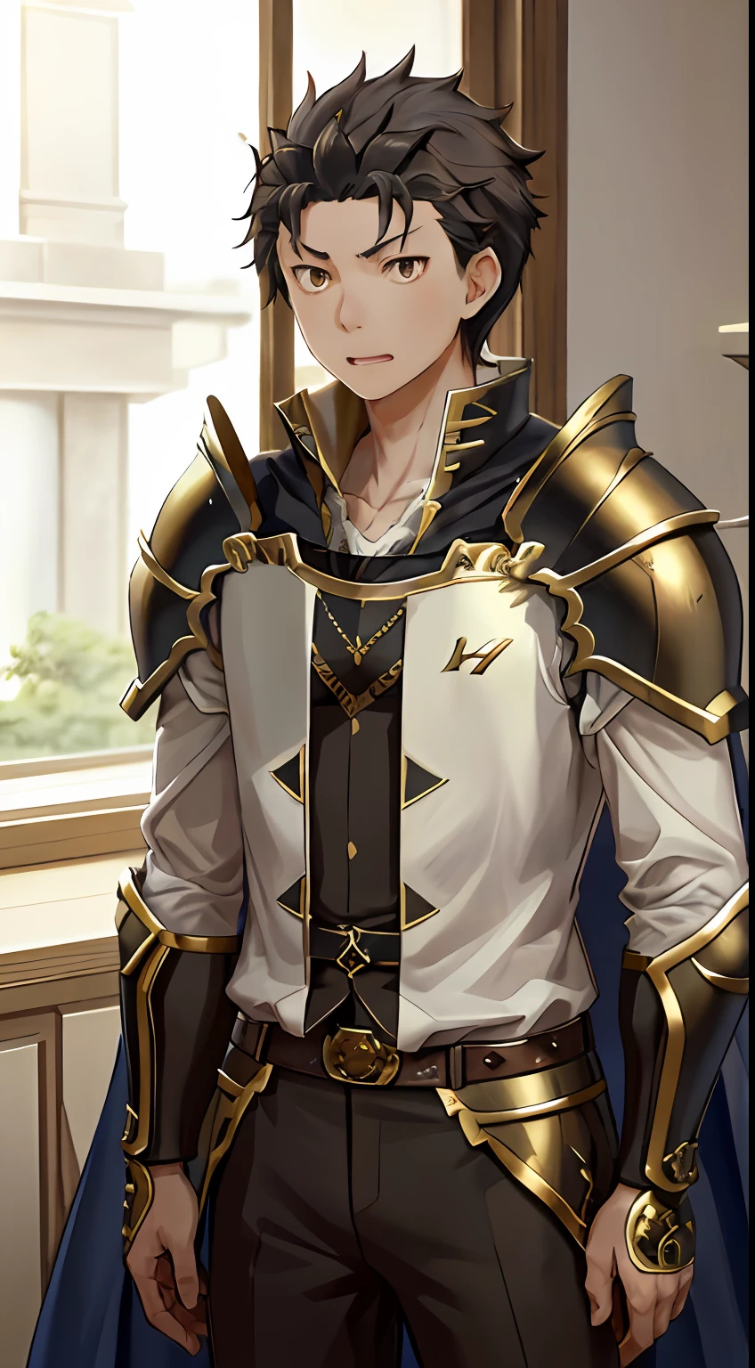 (1 Adult male),A high resolution, Sharp focus, Pixiv masterpiece, ((Complicated details)), highly detailed, natsuki_subaru, 1 man, with her mouth open,drools,full bodyesbian, Golden eyes(eyes glowing), with short white hair,Armour,cloaks,Shoulder armor,perspire,look from down