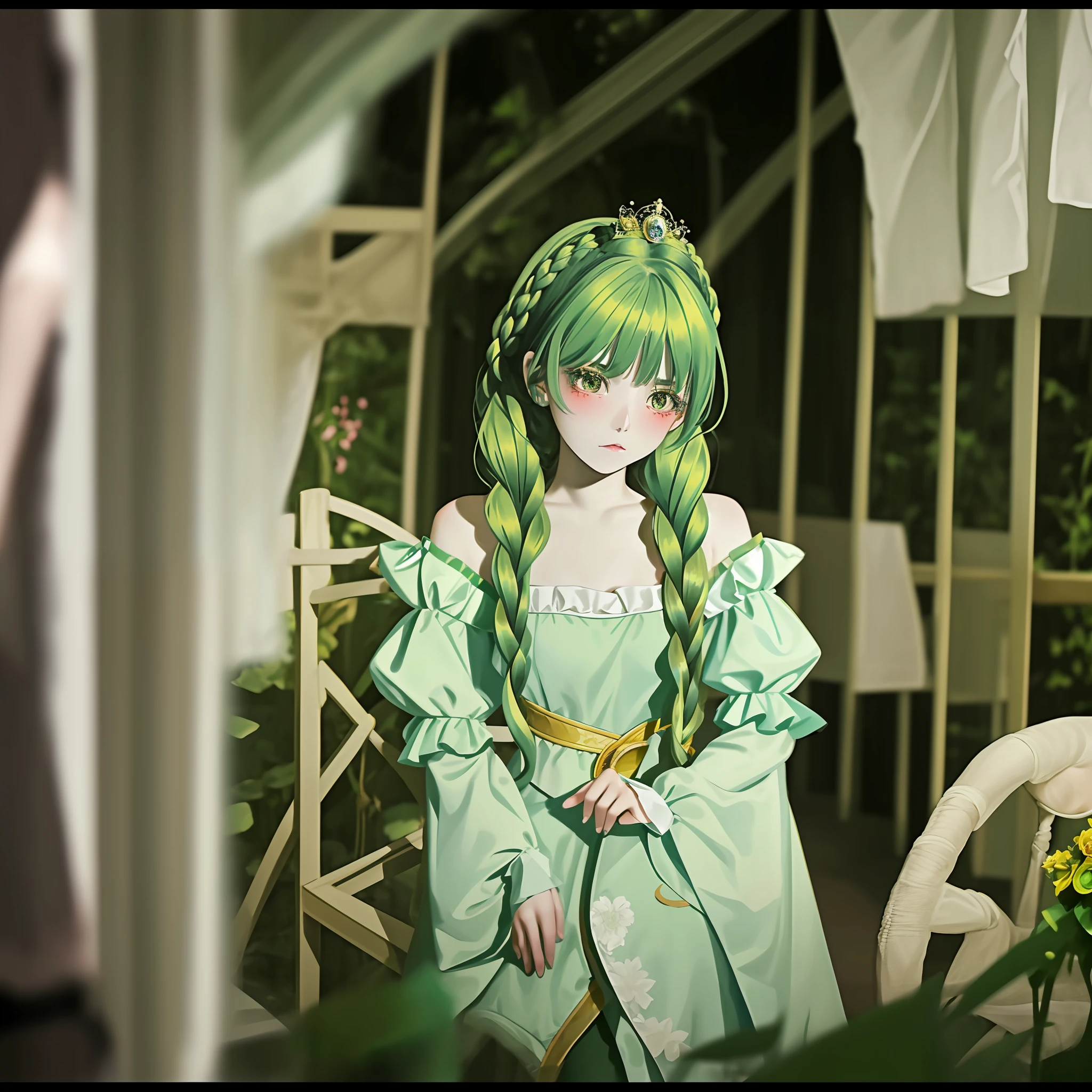 A 17-year-old girl from the year 1800. green hair styled in a fancy manner. princess clothing. black, big eyes. fair, pale skin. there are flowers braided into her hair.