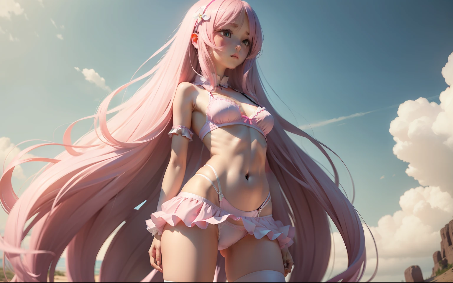 4K realistic，Pink Long Hair，JK skirt，pink Bras，white  panties，White suspender stockings，With a shy face，Full body like，There are heads，big pink eyes，Wind-blown panties