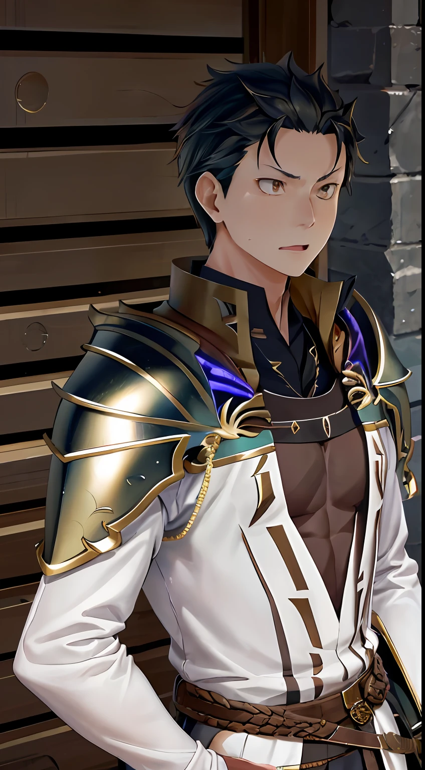 (1 Adult male),A high resolution, Sharp focus, Pixiv masterpiece, ((Complicated details)), highly detailed, natsuki_subaru, 1 man, with her mouth open,drools,full bodyesbian, Golden eyes(eyes glowing), with short white hair,Armour,cloaks,Shoulder armor,perspire,look from down