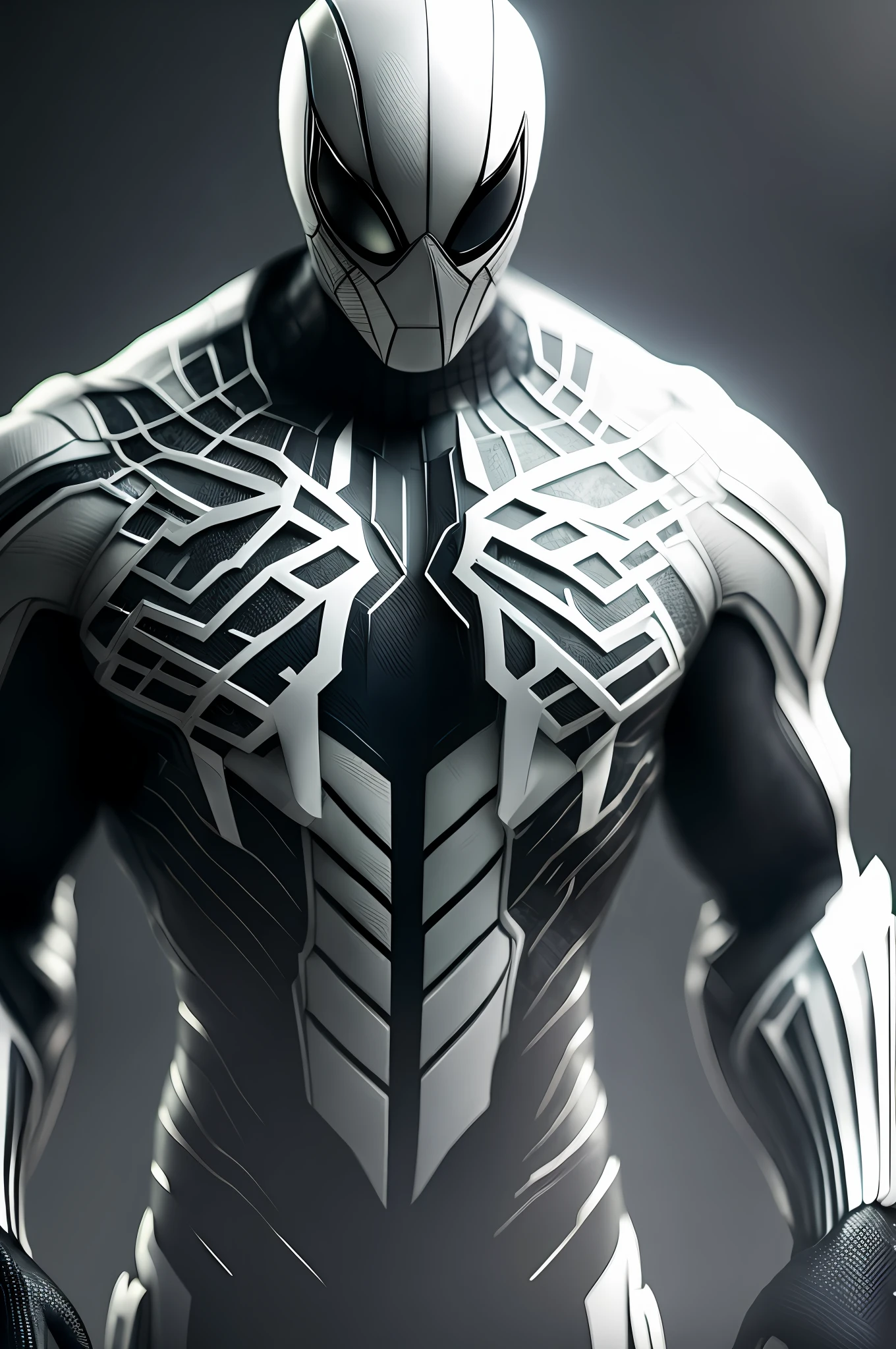(8k, foto RAW, melhor qualidade, obra-prima: 1.2), ultra detalhado, arte oficial, foto-realista: 1.37, Spidey, Black suit, spider in the center of your chest in white, Organic-looking clothes, symbiote, whiteeyes, fine art, PS5 movie screenshot, Highly detailed detailed movie rendering, ultra photorealistic raytricing, Pose with cinematic lighting de ação,Ultra-clear details,Virtual engine rendering