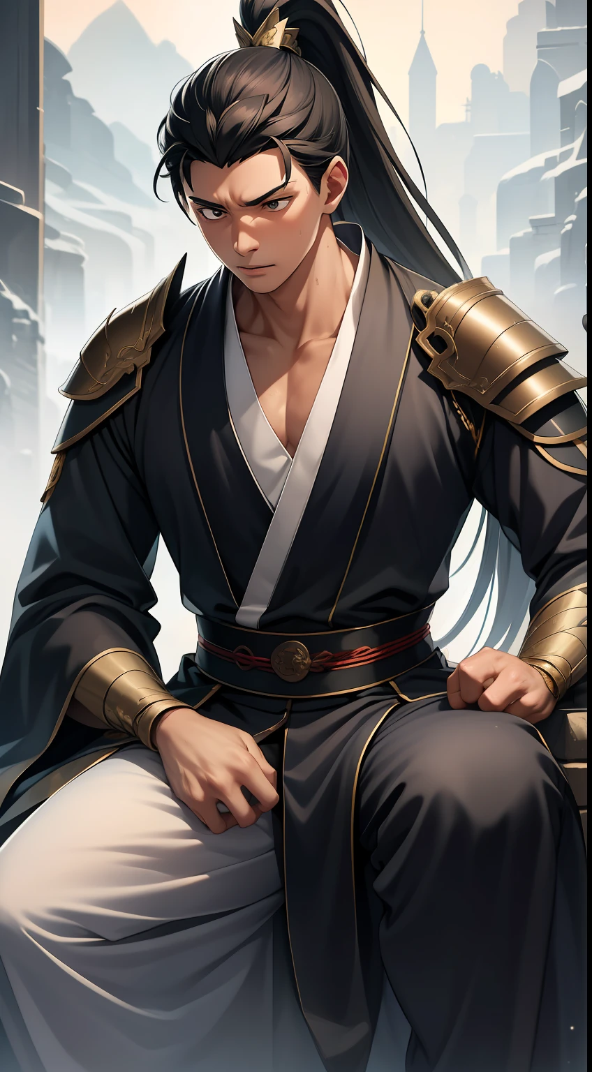 quadratic element,style of anime,mtu(Male Warrior),The proportions are correct,Face details,swordsmen,High ponytail hairstyle,Neck details,There is an Adam's apple,Black Hanfu,kaftan,Embroidered robes,Black robe,clothes details,Handing over,longer sleeves,Game quality,Swordsmanship,Light and shadow tracking,Ray traching,detailed glow,cg render,hair detail,long white hair,Black eyes,Handsome,Handsome,(juvenile sense),Clothing is complicated,Perfectcomposition,Refinement,high qulity,higher details,Lots of details,The background is complex,a sense of atmosphere,