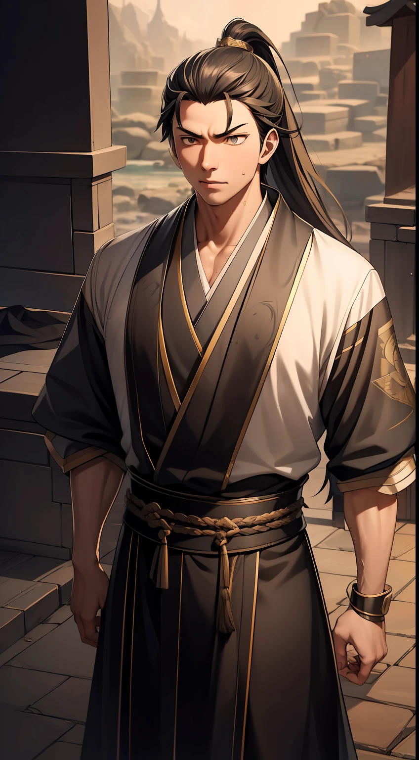 quadratic element,style of anime,mtu(Male Warrior),The proportions are correct,Face details,swordsmen,High ponytail hairstyle,Neck details,There is an Adam's apple,Black Hanfu,kaftan,Embroidered robes,Black robe,clothes details,Handing over,longer sleeves,Game quality,Swordsmanship,Light and shadow tracking,Ray traching,detailed glow,cg render,hair detail,long white hair,Black eyes,Handsome,Handsome,(juvenile sense),Clothing is complicated,Perfectcomposition,Refinement,high qulity,higher details,Lots of details,The background is complex,a sense of atmosphere,