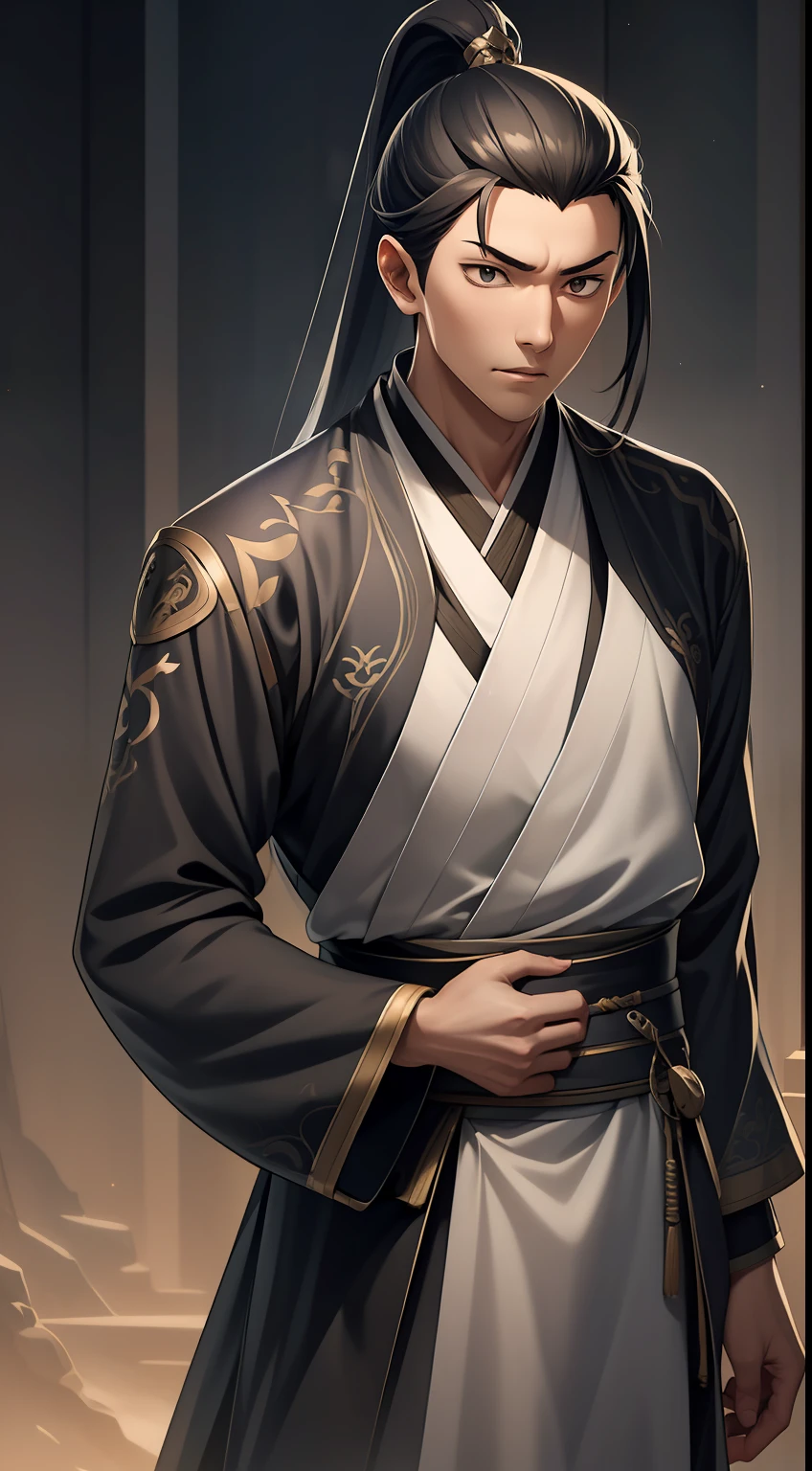 quadratic element,style of anime,mtu(Male Warrior),The proportions are correct,Face details,swordsmen,High ponytail hairstyle,Neck details,There is an Adam's apple,Black Hanfu,kaftan,Embroidered robes,Black robe,clothes details,Handing over,longer sleeves,Game quality,Swordsmanship,Light and shadow tracking,Ray traching,detailed glow,cg render,hair detail,long white hair,Black eyes,Handsome,Handsome,(juvenile sense),Clothing is complicated,Perfectcomposition,Refinement,high qulity,higher details,Lots of details,The background is complex,a sense of atmosphere,