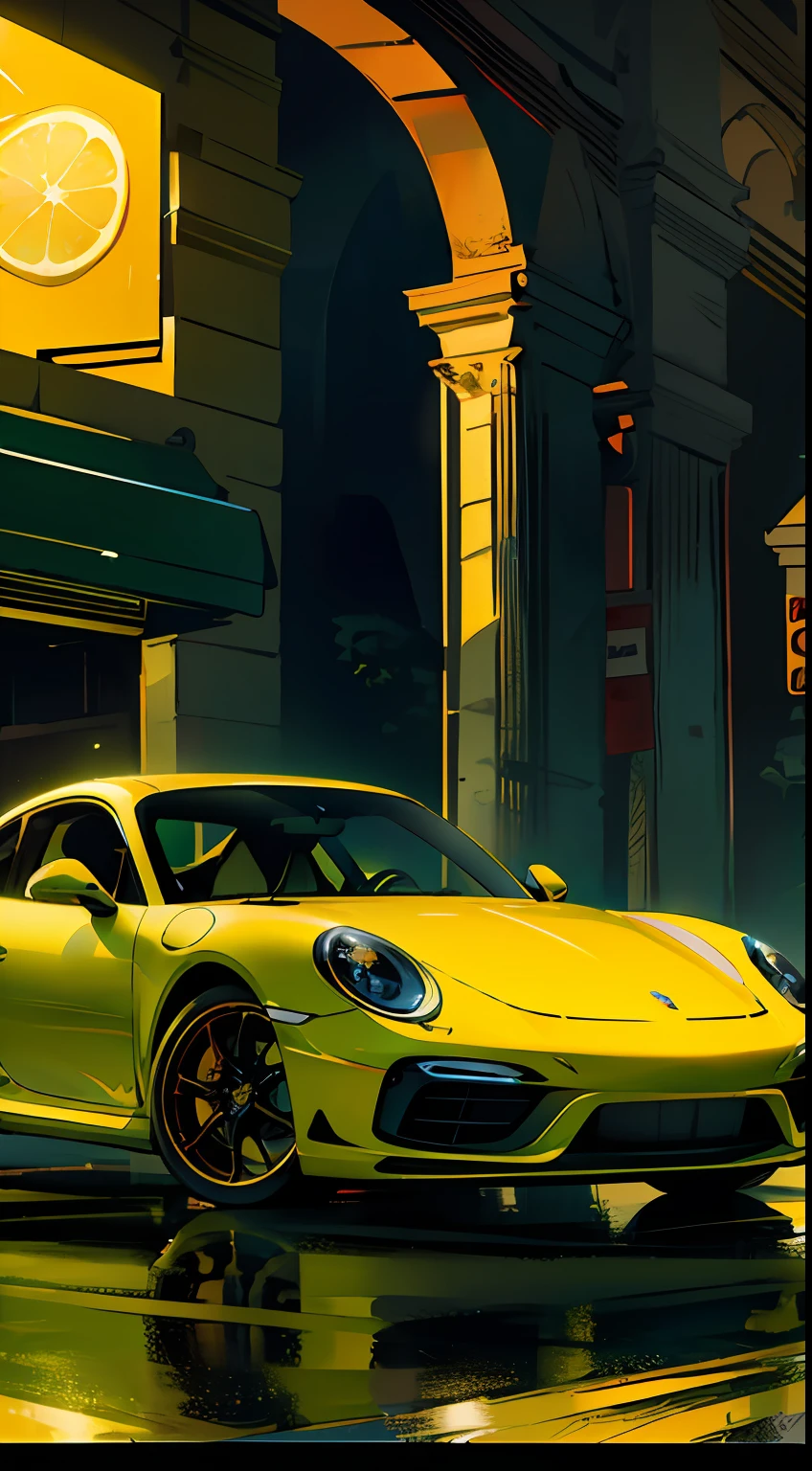 Super Sport Porsche 911 turbo s, ((lemon green)),, full shot, intense colors, cinematic lighting