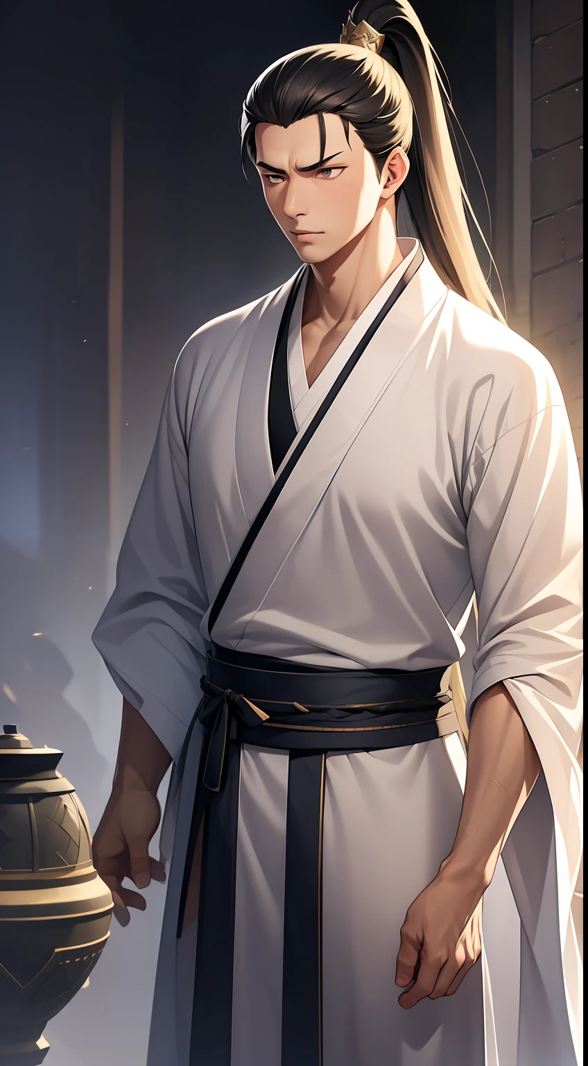 quadratic element,style of anime,mtu(Male Warrior),The proportions are correct,Face details,swordsmen,High ponytail hairstyle,Neck details,There is an Adam's apple,Black Hanfu,kaftan,Embroidered robes,Black robe,clothes details,Handing over,longer sleeves,Game quality,Swordsmanship,Light and shadow tracking,Ray traching,detailed glow,cg render,hair detail,long white hair,Black eyes,Handsome,Handsome,(juvenile sense),Clothing is complicated,Perfectcomposition,Refinement,high qulity,higher details,Lots of details,The background is complex,a sense of atmosphere,
