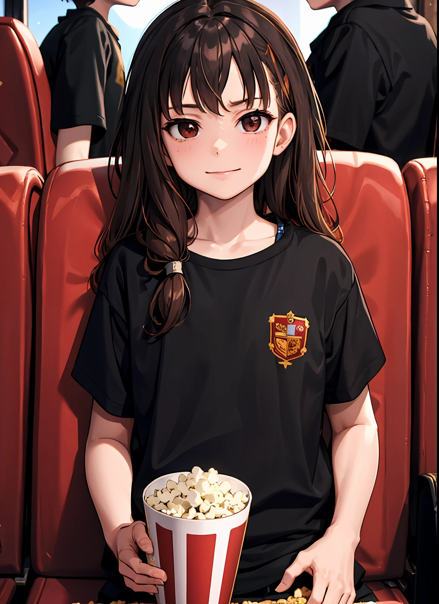 1girl, solo focus, (child), brown eyes, (12 year old), a young child eating popcorn while sitting in a cinema, cinema, movies, casual shirt, hermione granger,