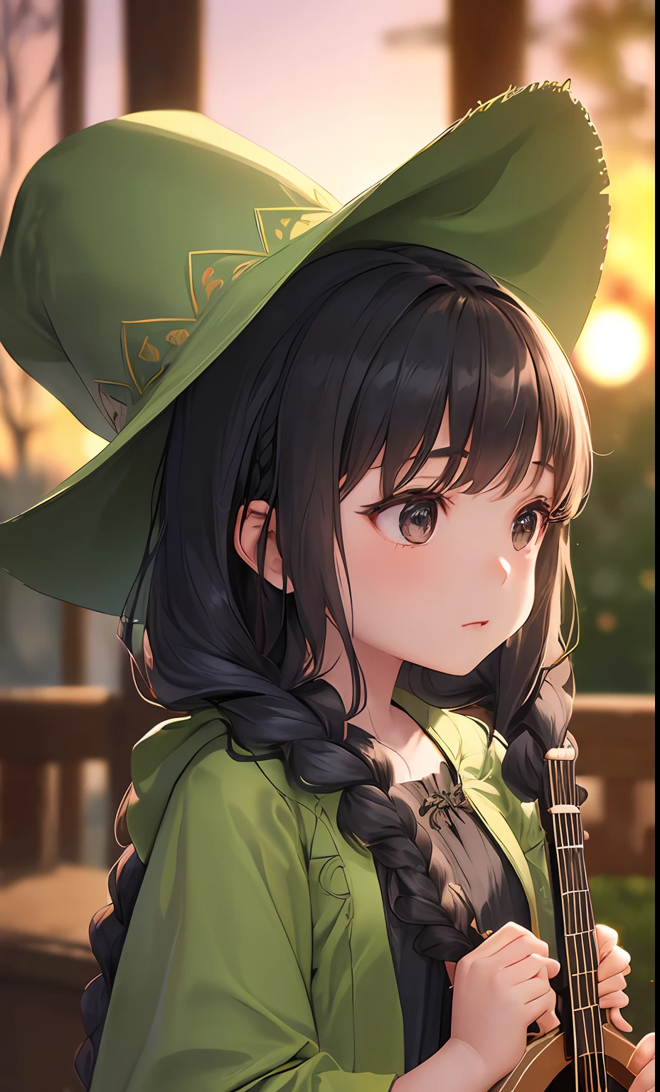 (Pretty little girl with braids wearing a simple green witch's big hat), (cute girl about 10 years old), playing the lute, (masterpiece), (extremely intricate:1.3), (realistic), portrait of a little girl, the most beautiful in the world, (simple green witch's robe) , upper body, forest, intense sunlight, professional photograph of a stunning girl detailed, sharp focus, dramatic, award winning, cinematic lighting, ,  volumetrics dtx, (film grain, blurry background, blurry foreground, bokeh, depth of field, sunset, motion blur:1.3) Realism,Oversized shirt, ,chibi,black eyes,black_eyes