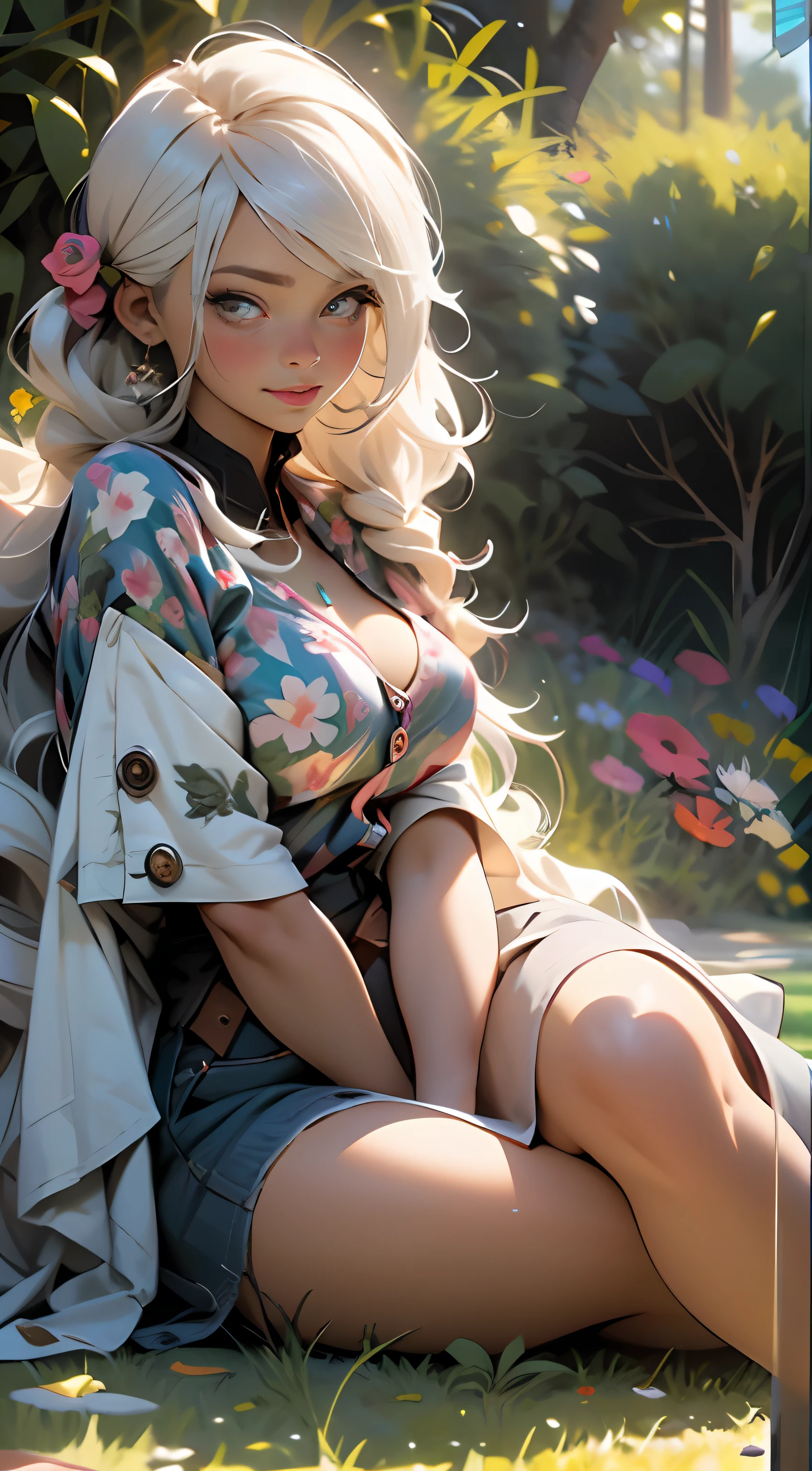 melancholy lighting, A tranquil, peacful, luminance, tmasterpiece, best qualtiy, 1girll, (JinxLol:1.2), (Ultra photo realsisim:1.3), (tmasterpiece:1.4), best qualtiy, ((realisticlying)), high high quality, ultra - detailed, ((Authentic images)), ((Realistic skin)), (photorealiscic face)), (illustratio:1.05), (big breasts beautiful:1.05), (Beautiful detail eyes:1.05), Bright eyes(cinematric light:1.1), full bodyesbian, Exact proportions, 18yo girl, skinny model lying on the grass, Surrounding gardens, shadow of the tree, Hair fluttering in the wind, multicolored clothing, long leges, Feet slightly open, glute, Blushlush, is shy, 鎖骨, hason, Double weaving, Beautiful and delicate face, White skin of the, real looking skin,Exquisite facial features,voluptuous figure,Superb expression (detail in face), pores, 超高分辨率, 8K, Parameter Best quality, tmasterpiece, 超高分辨率, (Realistic 2.0), higher details, Detailed skins, Hefty Smile, White teeth, Fluffy curls, perfect and well designed eyes, girlfriend, big breasts beautiful, big breasts beautiful, fresh flowers, studio lit