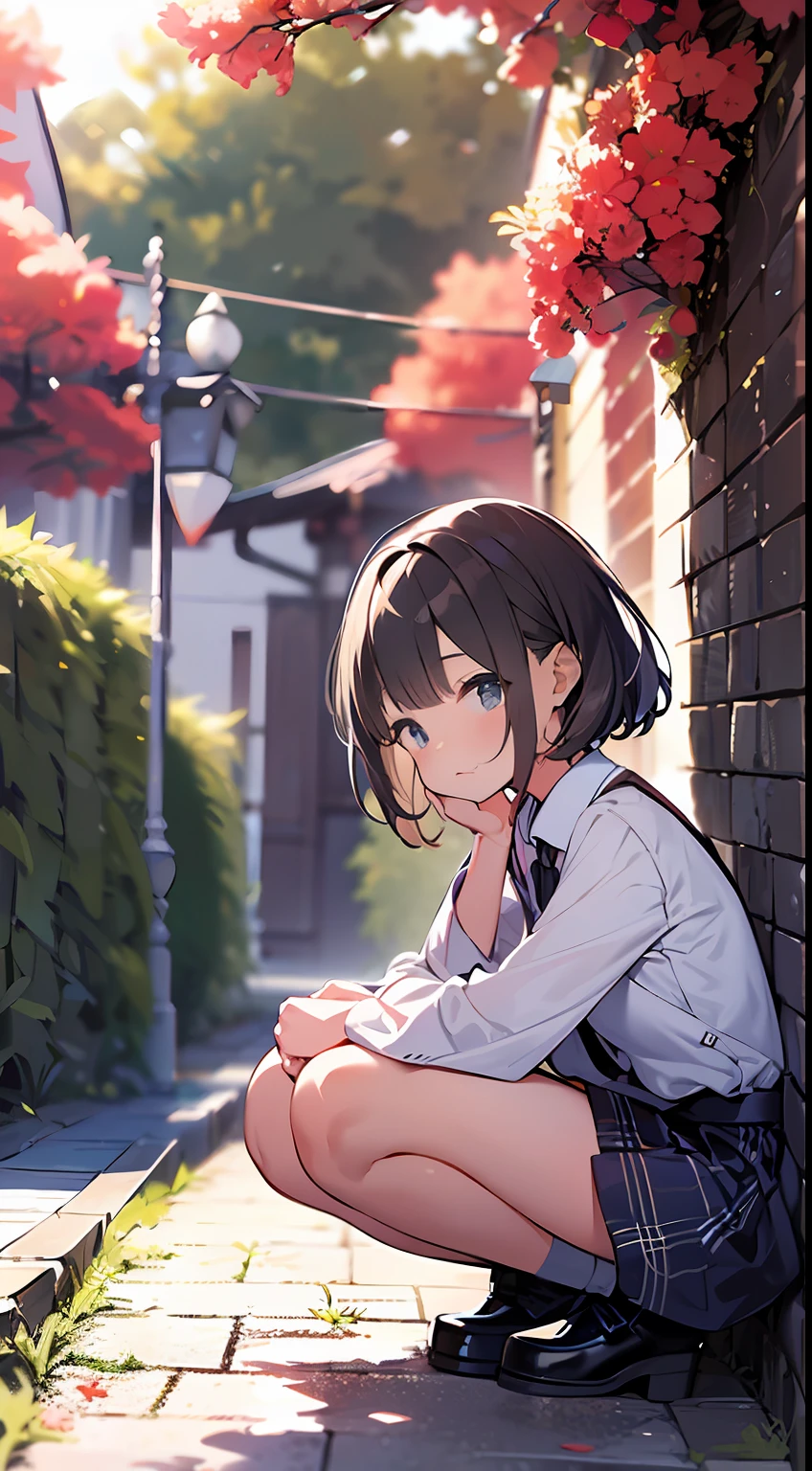(top-quality、32K image quality、​masterpiece、nffsw:1.2)、a cute loli、Medium short hair、short braiding、beauitful face、Ultra-detailed details、(Slouched:1.3)、at the sunset、crouching down、(From  above:1.3)、(a closeup:1.4)、small curvy loli、((You can see the chest))、Bust Up Perspective、Loose baggy big shirt、(beautiful nipple slips:0.9)、outside of house、the wind、shinny skin、blurry backround