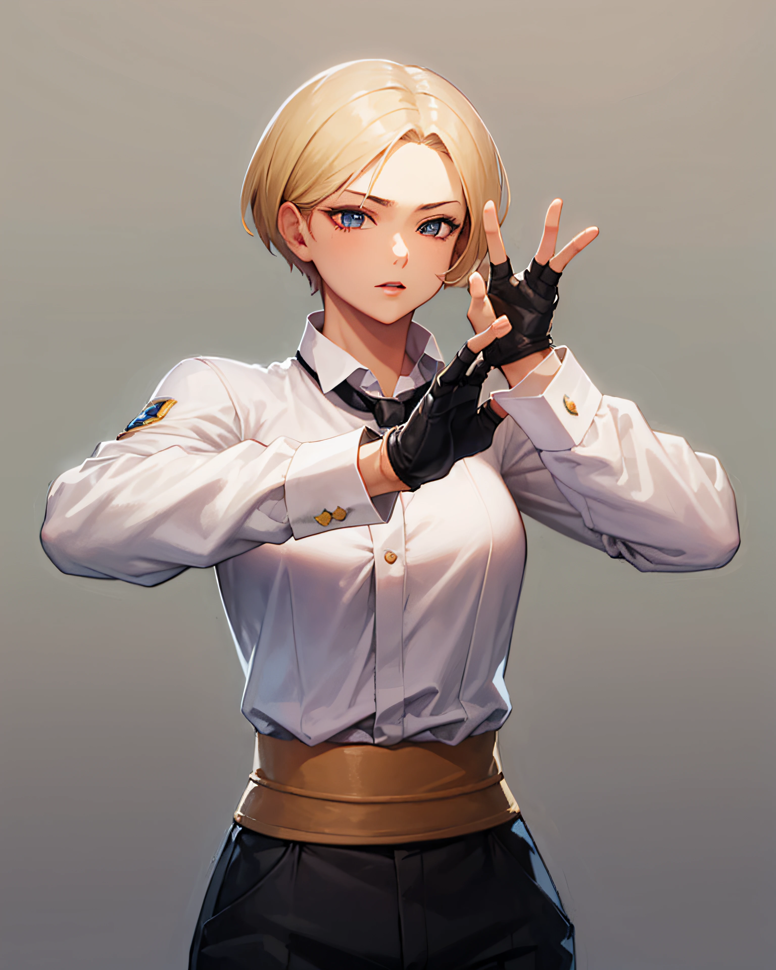 (masterpiece, best quality, high resolution, unity 8k wallpaper, extremely detailed CG:1), (illustration:1.0),  kingms, 1girl, solo, gloves, bow, fingerless gloves, pants, shirt,