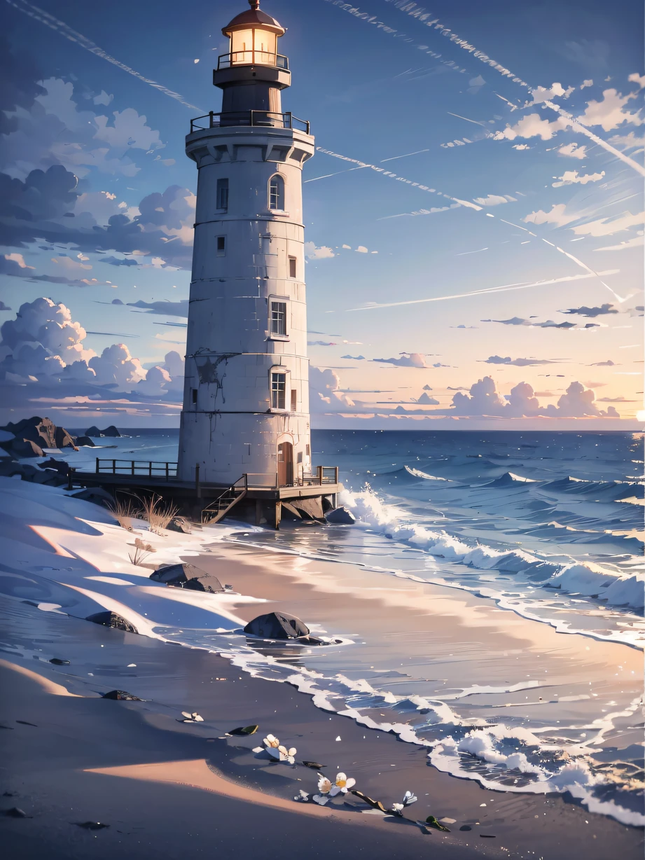 ，masterpiece, best quality，8k, ultra highres，The morning sun shines on a tranquil beach，The sea surface ripples slightly。A young girl stands silently on the beach，She held flowers in her hand，But burst into tears。Behind her was a dilapidated lighthouse，The red brick walls are as white as snow。The lights at the top of the lighthouse no longer flicker，As if he had lost his way，Echoes the girl's mood。The brilliant sunrise contrasted sharply with the girl's sad look，It makes people feel an indescribable sadness。