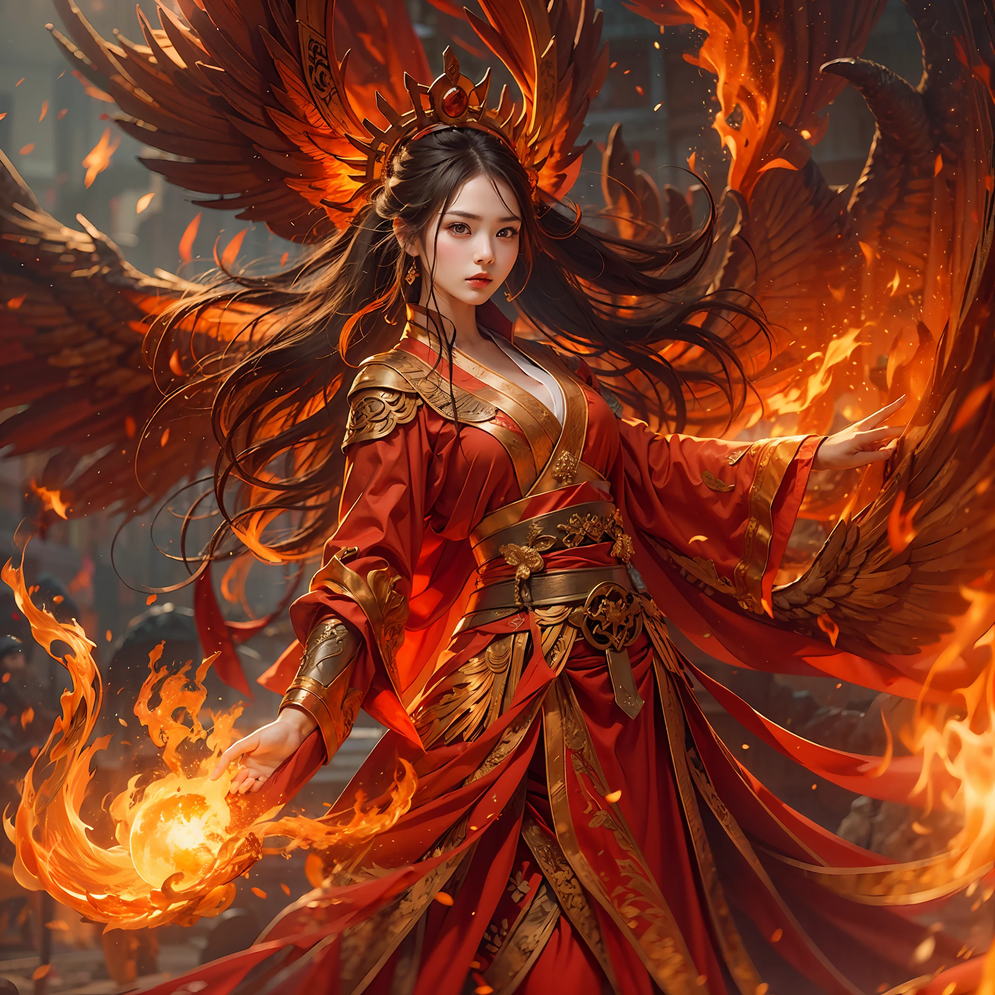 1girll,Flame mage dressed in fiery red(Chinese Hanfu),The robe was embroidered with intricate runes and ornaments,Exudes a burning breath。He was tall and strong,Hands up,Powerful fire spells are being unleashed。His eyes were firm and sharp,A flash of fire flashed in his eyes,Behind the Flame Mage,(A huge flame phoenix spread its wings and flew:1.2),(The feathers of the phoenix burned with a roaring flame),It shines brightly,Its body is surrounded by flames,Flame feathers danced,Form a spectacular flaming six-pointed star array pattern,Full of mysterious magic,The whole scene is full of fiery aura and passion for fighting,Large areas of flame spells bloomed in the air,A brilliant arc of flame and flying sparks formed,(Flame Mage and Phoenix),It appears majestic and mysterious in the midst of raging fires,Like the embodiment of fire and magic,red hair,high detal,ultra-realistic realism,Verism,((Bust photo)),(real photograph:1.4),(lightand shade contrast),cinmatic lighting,Realistic special effects,c4d渲染,rendering by octane,Ray traching,in a panoramic view,angle of view,textureskin,super detailing,hyper HD,tmasterpiece,anatomy correct,best qualtiy,A high resolution,8K