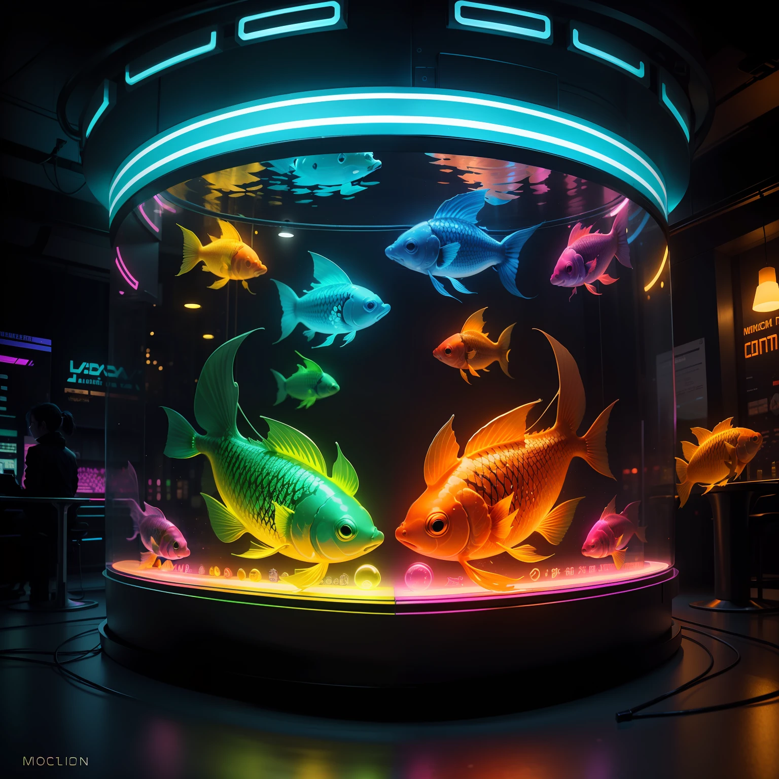 voluminetric lighting, , Glowing goldfish pattern, Highly detailed neon lights, , holographic projections, Cyberpunk goldfish, Cyberpunk goldfish,Colored goldfish, ultra - detailed，ultra - detailed