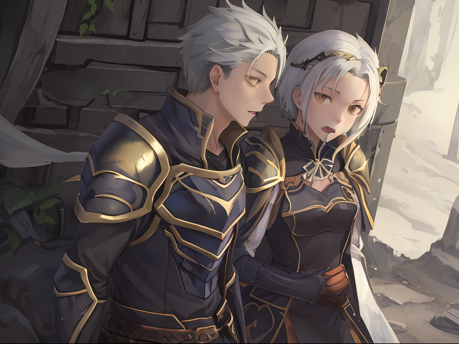 （1 Adult male），A high resolution， Sharp focus， Pixiv masterpiece， （（Complicated details））， highly  detailed， natsuki_subaru， 1 man， with her mouth open，drools，full bodyesbian， Golden eyes（eyes glowing）， with short white hair，Armour，cloaks，Shoulder armor，perspire，look from down
