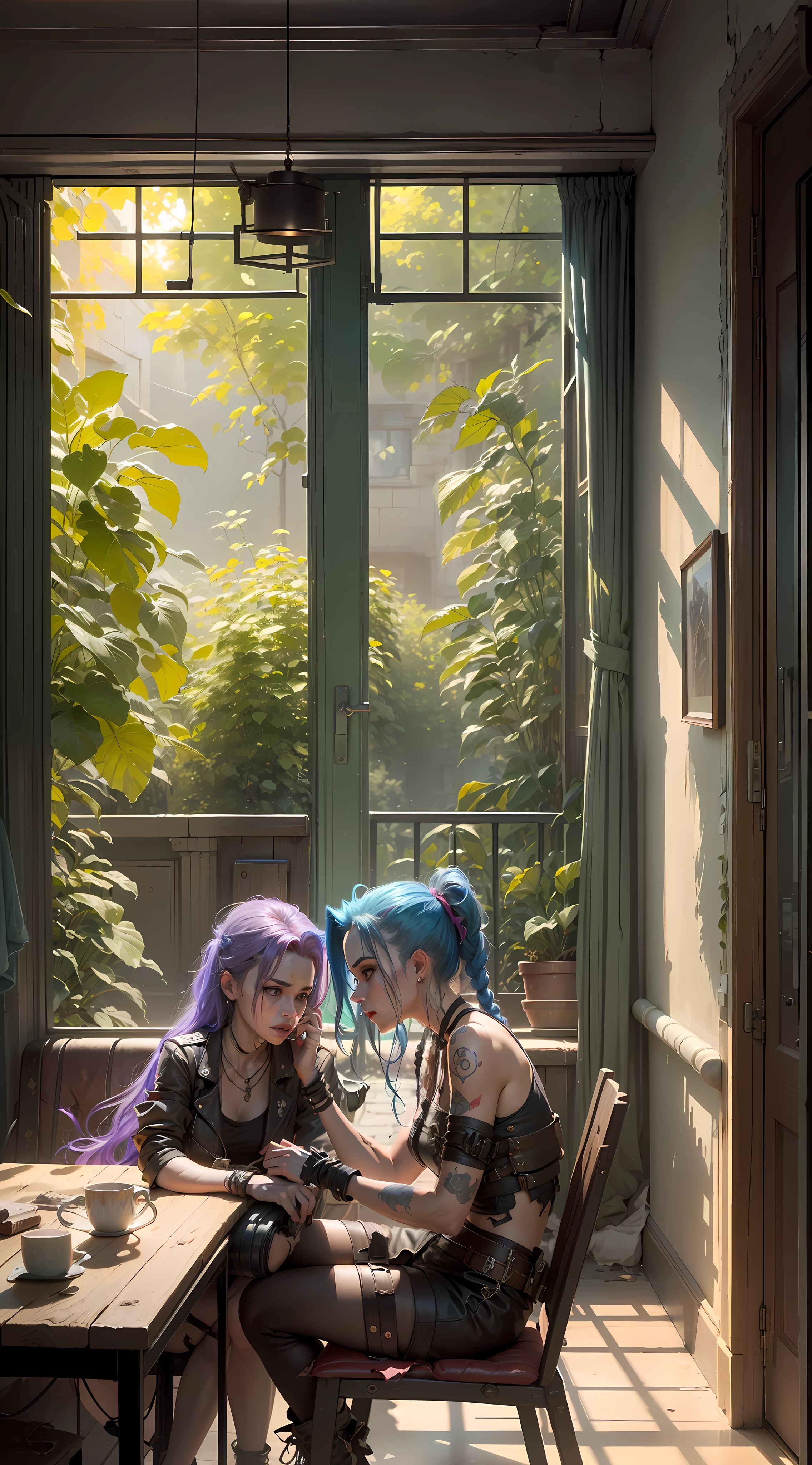 ((Best quality)), ((masterpiece)), (highly detailed:1.3), 3D, arcane style,In the dark and courageous dystopian city of Piltover, plagued by violence and divided into two opposing factions, a young prodigy named Jinx emerges. Having endured unimaginable loss and abandonment, she embraced a life of chaos and destruction. Known for her inventive and explosive abilities, Jinx becomes an icon of rebellion against the oppressive forces that control the city. However, haunted by guilt and battling inner demons, she must confront her past and decide whether to continue on the path of anarchy or seek redemption amid the turmoil. Explore Jinx's journey as she navigates a treacherous world, fighting for survival, unlocking secrets, and discovering the true meaning of her twisted existence, chaos reigns supreme, and at the center of it all is Jinx, the embodiment of unpredictability. Delve deep into Jinx's twisted mind, exploring the origins of his madness and the driving force behind his destructive nature. Unravel the moments that shaped her into the crazed, iconic character we know. Take us on a wild journey through the vibrant streets of Piltover and the shadowy suburb of Zaun as Jinx wreaks havoc with his explosive arsenal. Can redemption find its way into Jinx's fractured soul? Or will she dance forever on the edge of sanity, embracing the chaos that fuels her very existence? Arcane's fate hangs in the balance as Jinx's path intertwines with unlikely allies and formidable enemies. Ignite your imagination and paint a vivid portrait of Jinx's distorted psyche, capturing the essence of her madness and the indomitable spirit that defines it, HDR (High Dynamic Range), Ray Tracing, NVIDIA RTX, Super-Resolution, Unreal 5, Subsurface Scattering, PBR Texturing, Post-processing, Anisotropic Filtering, Depth of Field, Maximum Clarity and Sharpness, Multit Textures