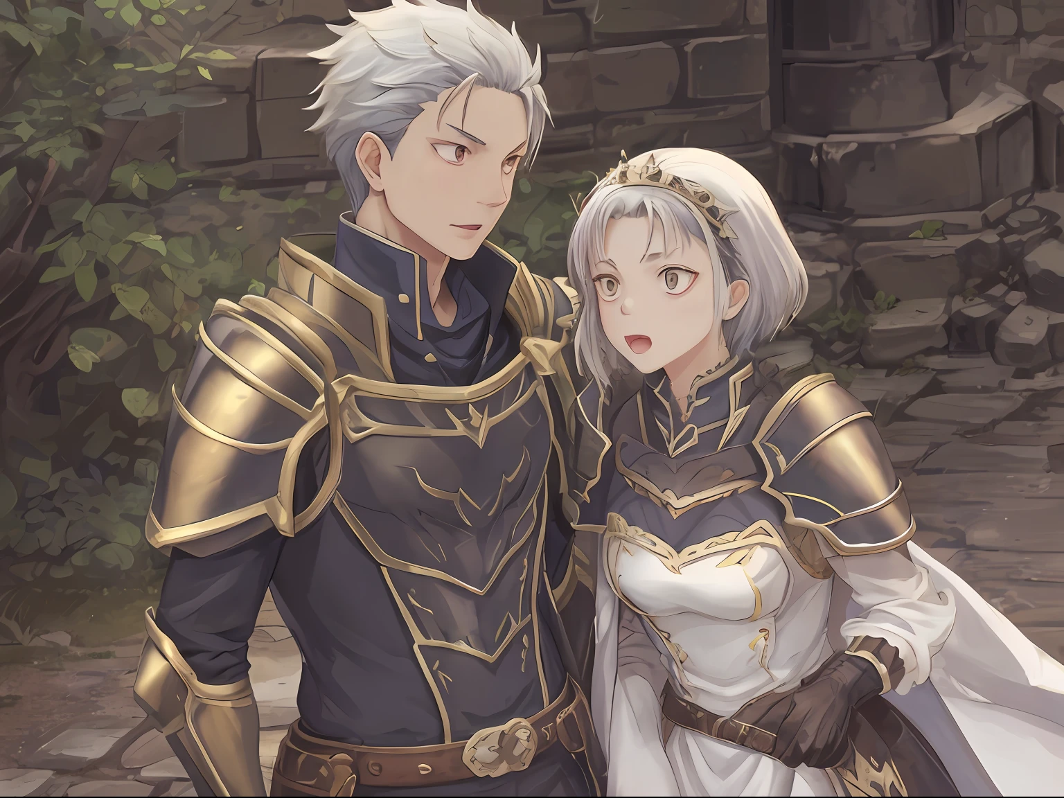 （1 Adult male），A high resolution， Sharp focus， Pixiv masterpiece， （（Complicated details））， highly  detailed， natsuki_subaru， 1 man， with her mouth open，drools，full bodyesbian， Golden eyes（eyes glowing）， with short white hair，Armour，cloaks，Shoulder armor，perspire，look from down
