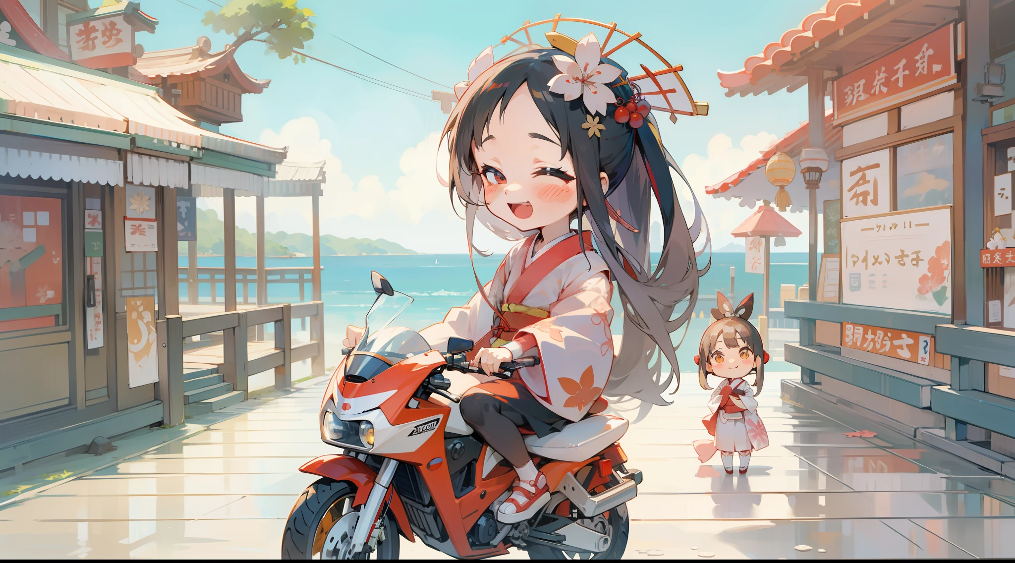Kaguya in a kimono, a smile, kawaii, accessorized, Doll riding motorcycle on seaside road in summer