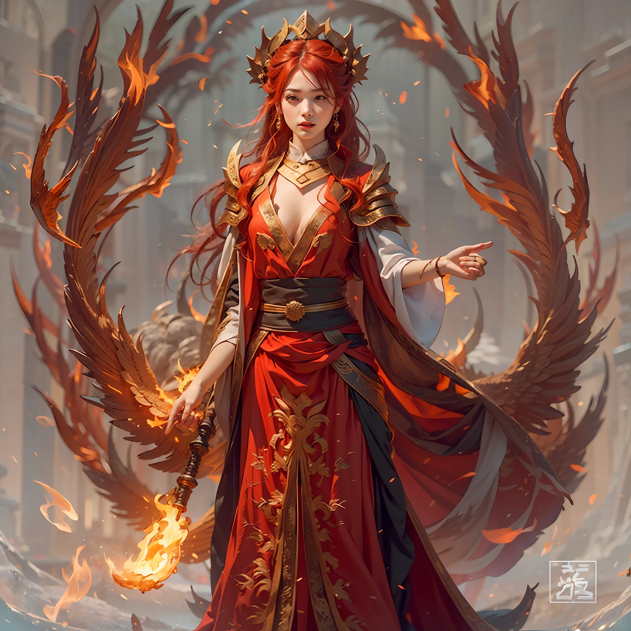 1girll,Flame mage dressed in fiery red(Chinese Hanfu),The robe was embroidered with intricate runes and ornaments,Exudes a burning breath。He was tall and strong,Hands up,Powerful fire spells are being unleashed。His eyes were firm and sharp,A flash of fire flashed in his eyes,Behind the Flame Mage,(A huge flame phoenix spread its wings and flew:1.2),(The feathers of the phoenix burned with a roaring flame),It shines brightly,Its body is surrounded by flames,Flame feathers danced,Form a spectacular flaming six-pointed star array pattern,Full of mysterious magic,The whole scene is full of fiery aura and passion for fighting,Large areas of flame spells bloomed in the air,A brilliant arc of flame and flying sparks formed,(Flame Mage and Phoenix),It appears majestic and mysterious in the midst of raging fires,Like the embodiment of fire and magic,red hair,high detal,ultra-realistic realism,Verism,((Bust photo)),(real photograph:1.4),(lightand shade contrast),cinmatic lighting,Realistic special effects,c4d渲染,rendering by octane,Ray traching,in a panoramic view,angle of view,textureskin,super detailing,hyper HD,tmasterpiece,anatomy correct,best qualtiy,A high resolution,8K
