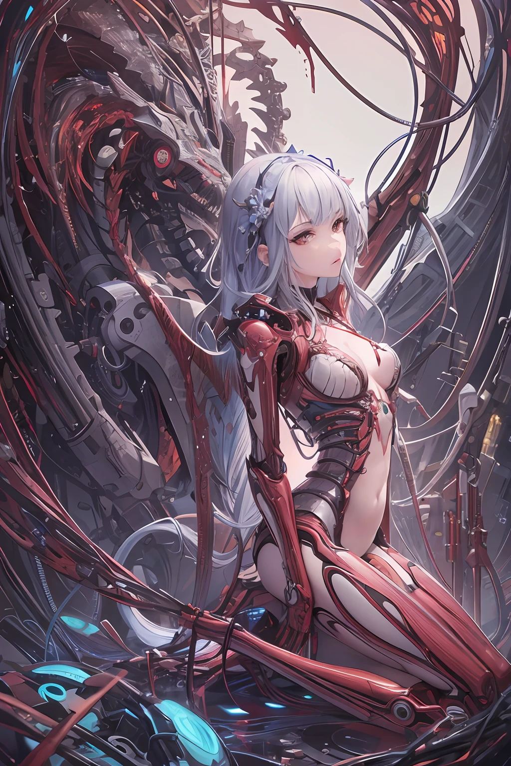 （tmasterpiece，top Quority，best qualtiy，offcial art，Beauty and aesthetics：1.2），（1girl：1.3），Extremely detailed，plethora of colors，Most detailed（（ultra - detailed）），（highly detailed CGillustration），（（very fine and beautiful），（From the side Side），cinematic lighitnglamplight，（（1 mechanical girl）），solo person，full bodyesbian，long whitr hair，（Machine-made joints：1.2），（（Mechanical limb）），（Blood vessel attached to tube）， （Mechanical vertebrae are attached to the back），（（The mechanical cervical vertebrae are attached to the neck）），（sitted），face expressionless，（Wires and cables are attached to the neck：1.2），（Wires and cables on the head：1.2）（Character focus），Science fiction，White background，（bloods：1.5）