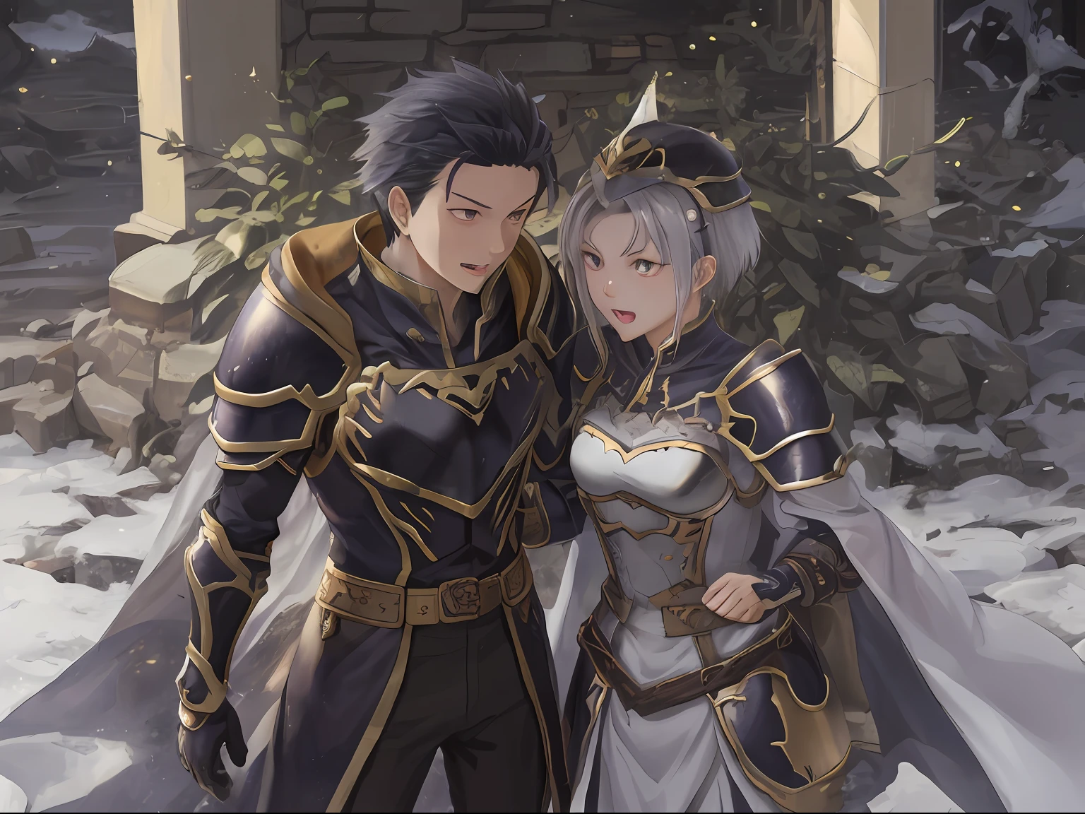 (1 Adult male),A high resolution, Sharp focus, Pixiv masterpiece, ((Complicated details)), highly detailed, natsuki_subaru, 1 man, with her mouth open,drools,full bodyesbian, Golden eyes(eyes glowing), with short white hair,Armour,cloaks,Shoulder armor,perspire,look from down