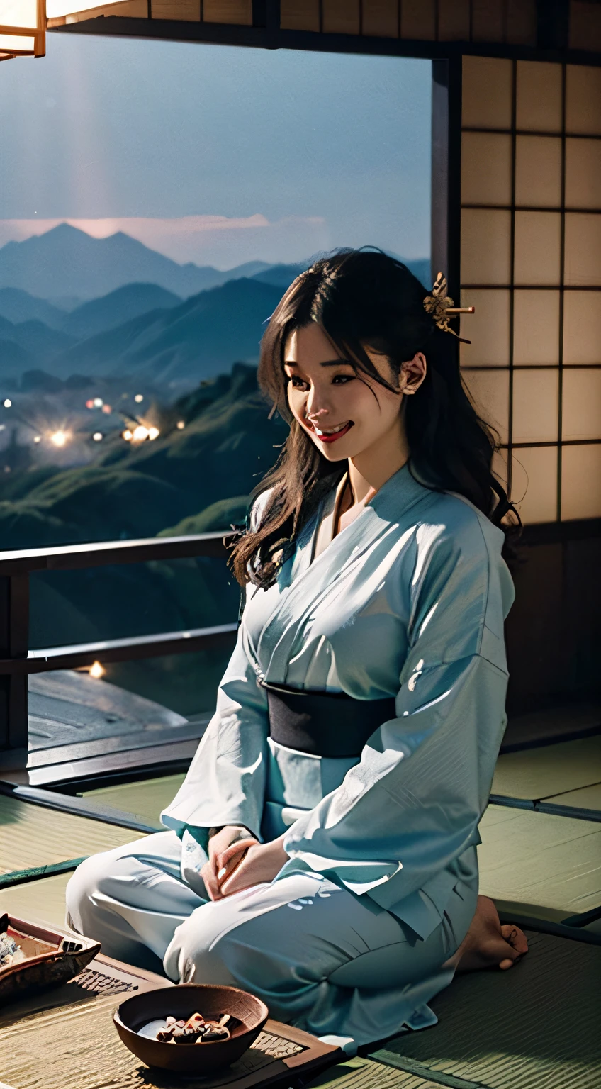 best qualtiy、masterpiece、photoRealstic、intricate-detail、Raw foto、Photon Rendering、Octane Rendering、absurderes、ultra-detailliert、A detailed face、Detailed skin、Trending in art stations、8K Masterpiece、lighting like a movie、( (1girl in))、((独奏) ))、CG Social Trends、Plastic En、((Black Long Hair))、((Beautuful Women))、(A smile)、Upper teeth、Fashionable、Hair that flutters in the wind、((Flowing hair))、fashion magazine、((A sexy))、((lighting like a movie)、((indirect lighting)、、(ssex)、Grinning、(View from a distance)、Kimono、((ryokan))、bura、sitting on、