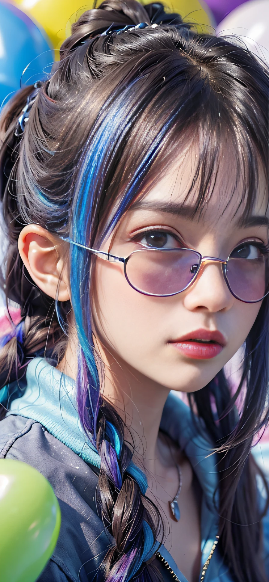 tmasterpiece，Best quality at best，3D，C4D，adolable，Loli 1 Girl，prettyandcute，（rainbow colour hair，The color hair：1.4），Wear blue and purple sunglasses，yellowjacketwithwhitepattern，whitesweater，Many colorful balloons，a baby face，Ponytail braid，perfectdetaileyes，delicated face，CG perfeita，high-definition quality，coloredballoons，Skysky,Petite