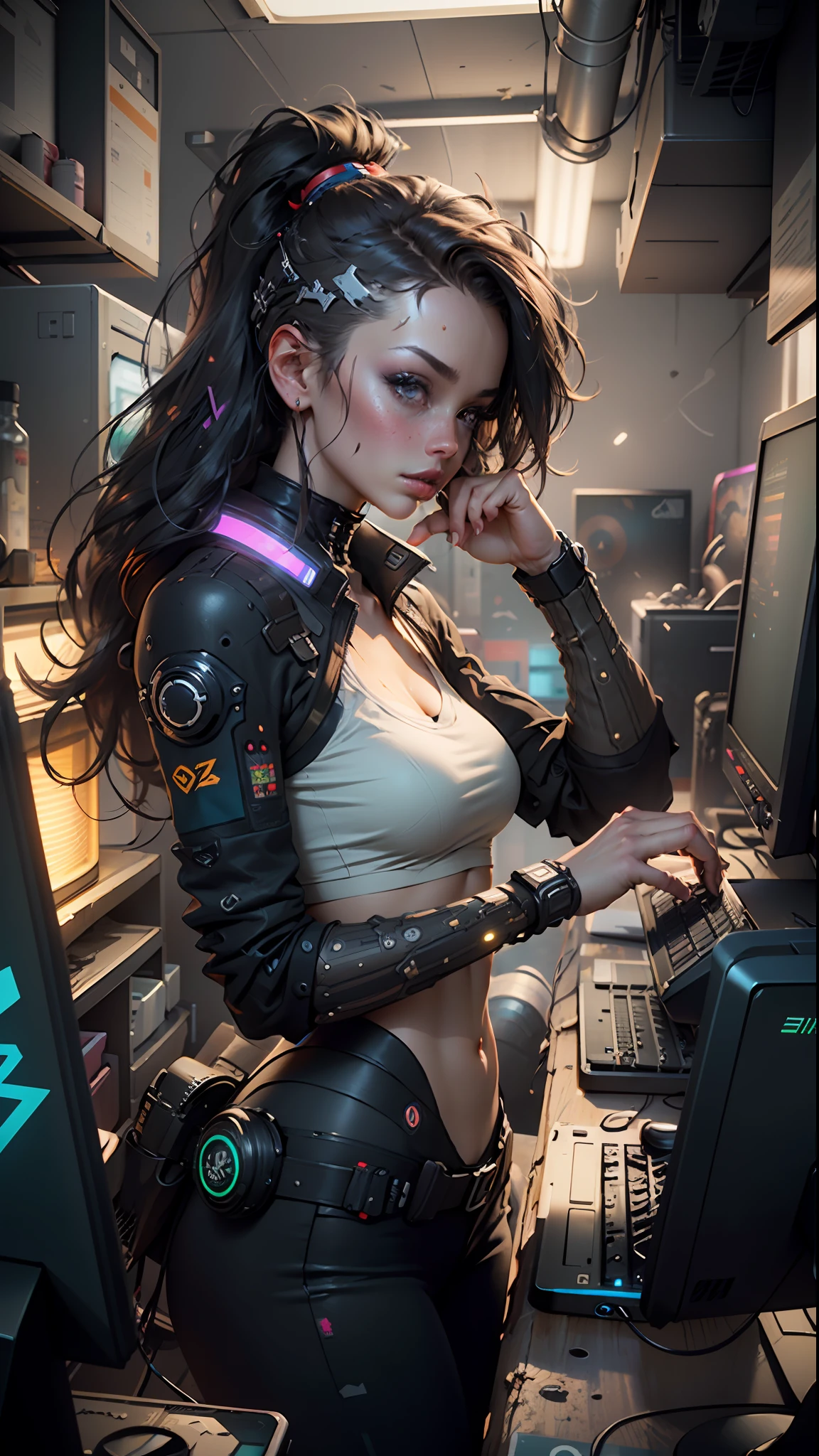 ((Best quality)), ((masterpiece)), (highly detailed:1.3), 3D, beautiful (cyberpunk:1.3) female hacker with thick voluminous hair operating a computer terminal, computer servers, LCD screens, fibre optic cables, corporate logos,HDR (High Dynamic Range),Ray Tracing,NVIDIA RTX,Super-Resolution,Unreal 5,Subsurface scattering,PBR Texturing,Post-processing,Anisotropic Filtering,Depth-of-field,Maximum clarity and sharpness,Multi-layered textures,Albedo and Specular maps,Surface shading,Accurate simulation of light-material interaction,Perfect proportions,Octane Render,Two-tone lighting,Low ISO,White balance,Rule of thirds,Wide aperature,8K RAW,Efficient Sub-Pixel,sub-pixel convolution,luminescent particles,