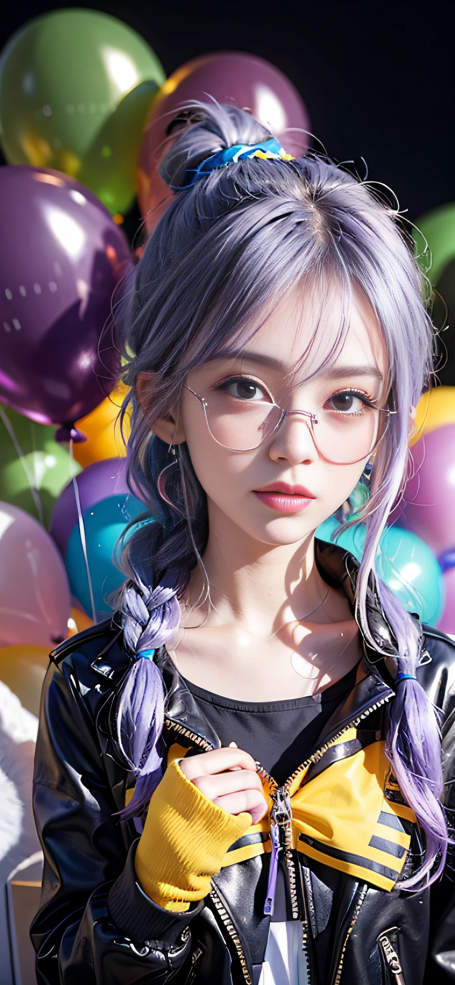 tmasterpiece,Best quality at best,3D,C4D,adolable,Loli 1 Girl,prettyandcute,(rainbow colour hair,The color hair:1.4),Wear blue and purple sunglasses,yellowjacketwithwhitepattern,whitesweater,Many colorful balloons,a baby face,Ponytail braid,perfectdetaileyes,delicated face,CG perfeita,high-definition quality,coloredballoons,Skysky,Petite