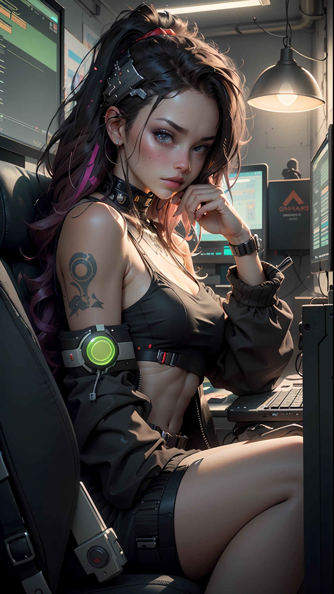 ((Best quality)), ((masterpiece)), (highly detailed:1.3), 3D, beautiful (cyberpunk:1.3) female hacker with thick voluminous hair operating a computer terminal, computer servers, LCD screens, fibre optic cables, corporate logos,HDR (High Dynamic Range),Ray Tracing,NVIDIA RTX,Super-Resolution,Unreal 5,Subsurface scattering,PBR Texturing,Post-processing,Anisotropic Filtering,Depth-of-field,Maximum clarity and sharpness,Multi-layered textures,Albedo and Specular maps,Surface shading,Accurate simulation of light-material interaction,Perfect proportions,Octane Render,Two-tone lighting,Low ISO,White balance,Rule of thirds,Wide aperature,8K RAW,Efficient Sub-Pixel,sub-pixel convolution,luminescent particles,