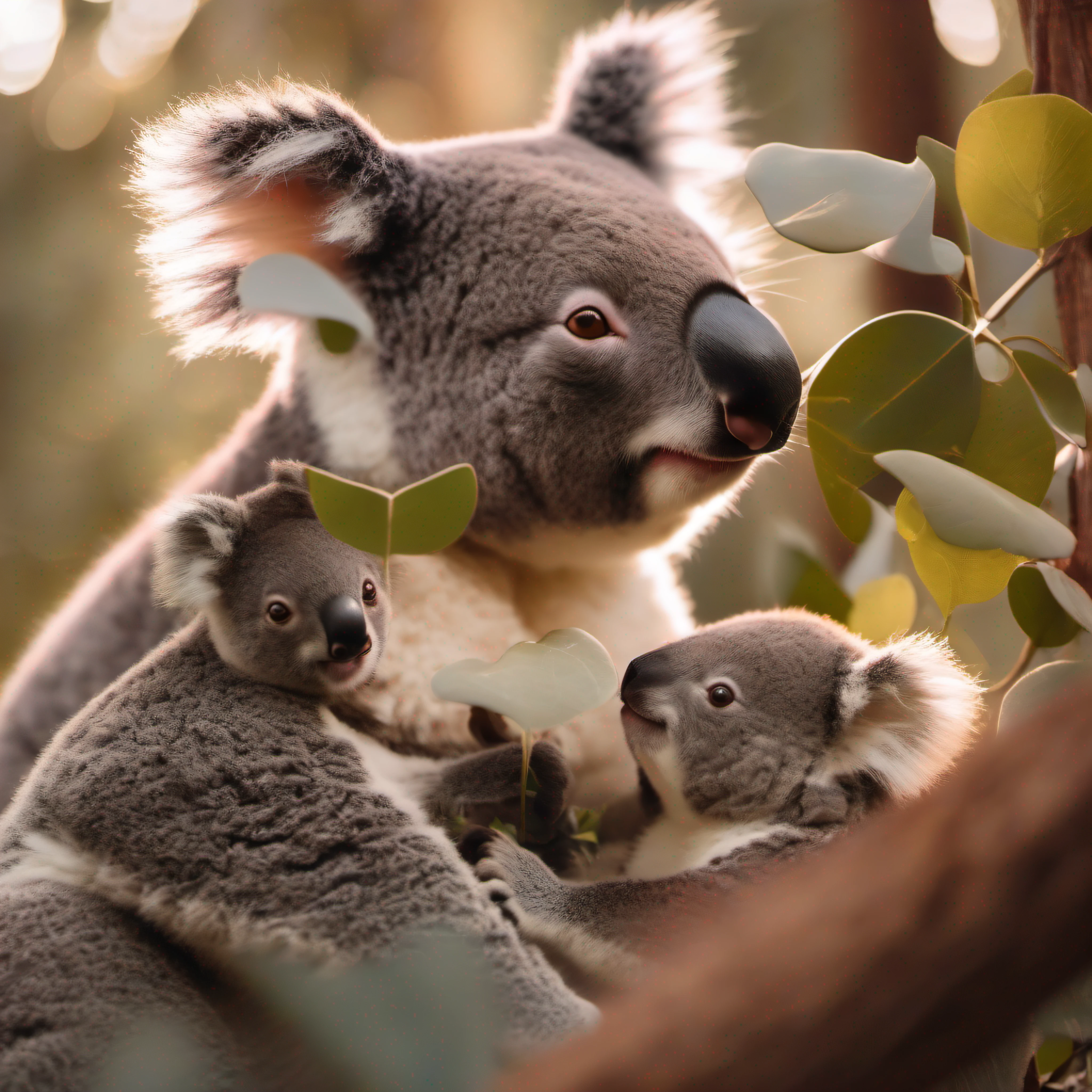 realistic photograph, a couple of koalas with a baby koala in a eucalyptus forest with a sunset, reflection light, Nikon, 35mm, Fujifilm, Fujicolor, god rays, lens flare, 8k, super detail, ccurate, best quality, award winning