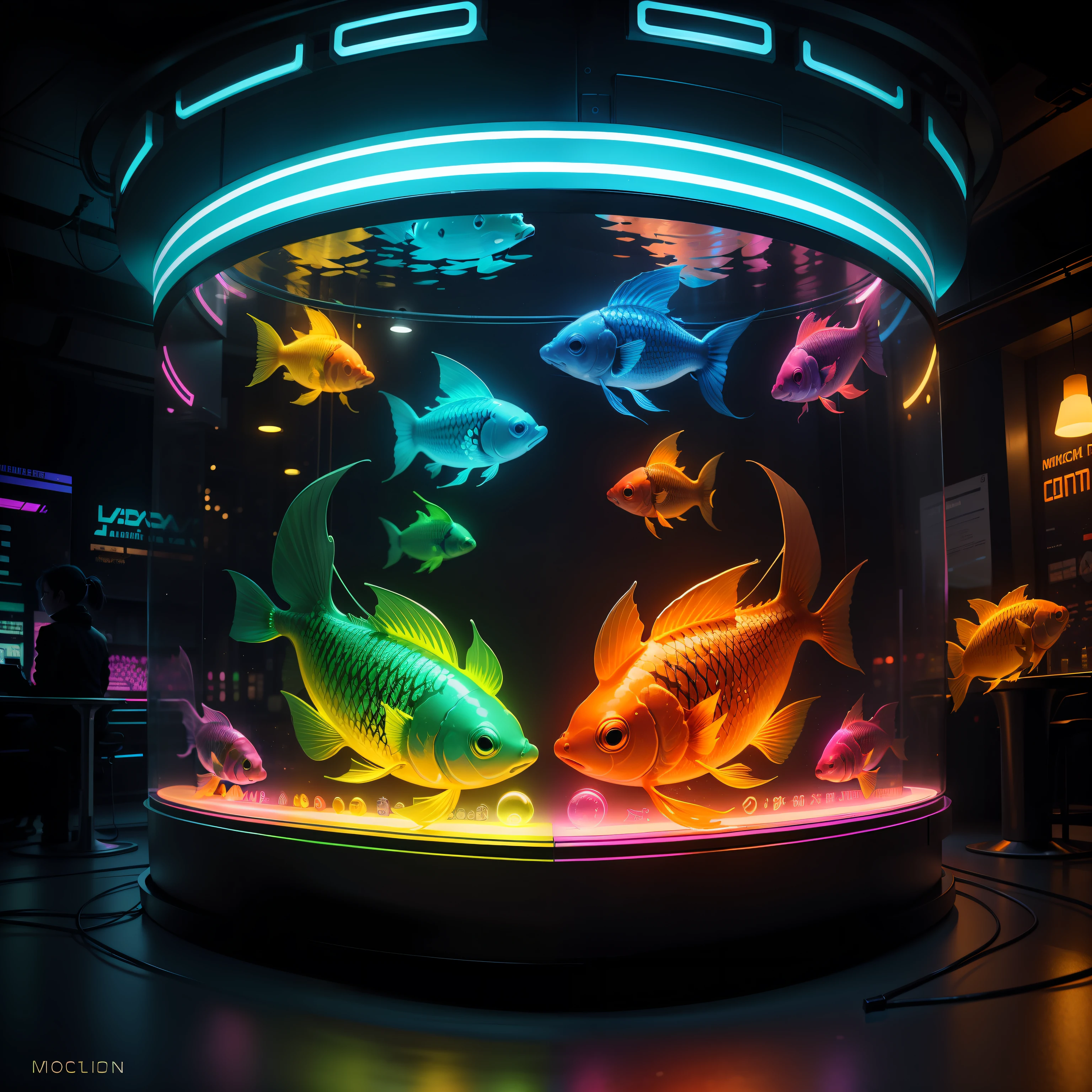 voluminetric lighting, , Glowing goldfish pattern, Highly detailed neon lights, , holographic projections, Cyberpunk goldfish, Cyberpunk goldfish,Colored goldfish, ultra - detailed，ultra - detailed