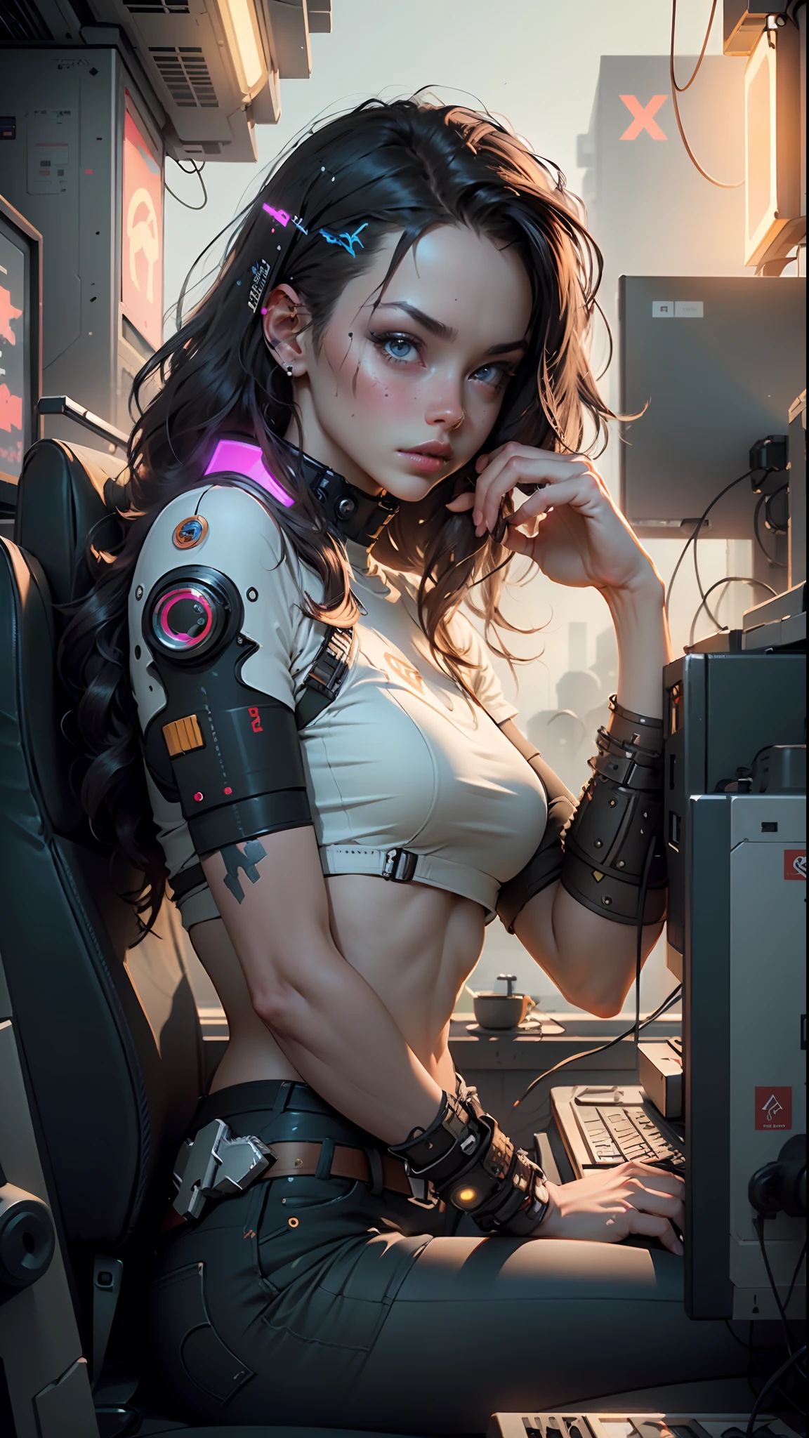 ((Best quality)), ((masterpiece)), (highly detailed:1.3), 3D, beautiful (cyberpunk:1.3) female hacker with thick voluminous hair operating a computer terminal, computer servers, LCD screens, fibre optic cables, corporate logos,HDR (High Dynamic Range),Ray Tracing,NVIDIA RTX,Super-Resolution,Unreal 5,Subsurface scattering,PBR Texturing,Post-processing,Anisotropic Filtering,Depth-of-field,Maximum clarity and sharpness,Multi-layered textures,Albedo and Specular maps,Surface shading,Accurate simulation of light-material interaction,Perfect proportions,Octane Render,Two-tone lighting,Low ISO,White balance,Rule of thirds,Wide aperature,8K RAW,Efficient Sub-Pixel,sub-pixel convolution,luminescent particles,