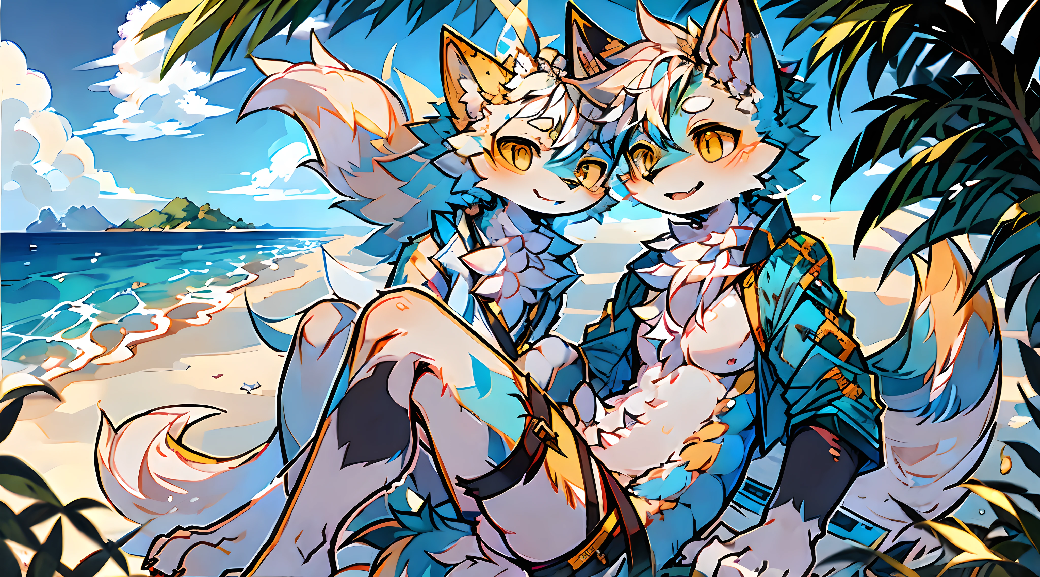 wolf blue fluff yellow tail golden eyes white fur summer beach waves joy