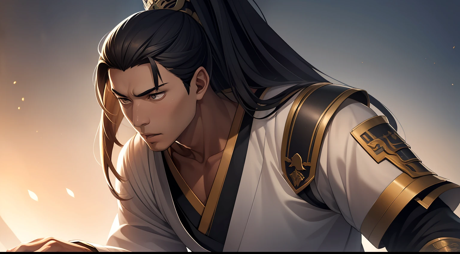 quadratic element，style of anime，mtu（Male Warrior），The proportions are correct，Face details，swordsmen，High ponytail hairstyle，Neck details，There is an Adam's apple，Black Hanfu，kaftan，Embroidered robes，Black robe，clothes details，Handing over，longer sleeves，Game quality，Swordsmanship，Light and shadow tracking，Ray traching，detailed glow，cg render，hair detail，long  white hair，Black eyes，Handsome，Handsome，（juvenile sense），Clothing is complicated，Perfectcomposition，Refinement，high qulity，higher details，Lots of details，The background is complex，a sense of atmosphere，