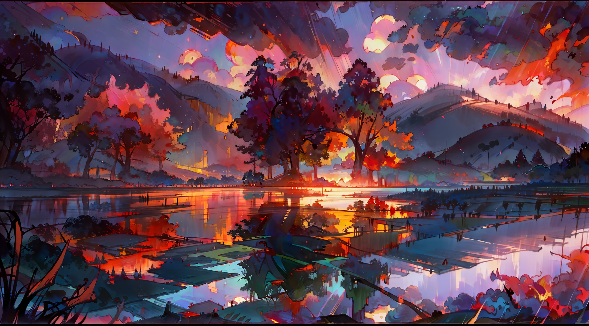 A surreal masterpiece,It presents a beautiful and spectacular view of dusk。Lakes and trees form the background,Accompanied by colorful sunsets and fantastic sky reflections。The beautiful sky blends in with the color of the lake,It's like a flame。This 8K picture creates a fantastic atmosphere,Colorful clouds are suspended in it,Create surreal visual experiences