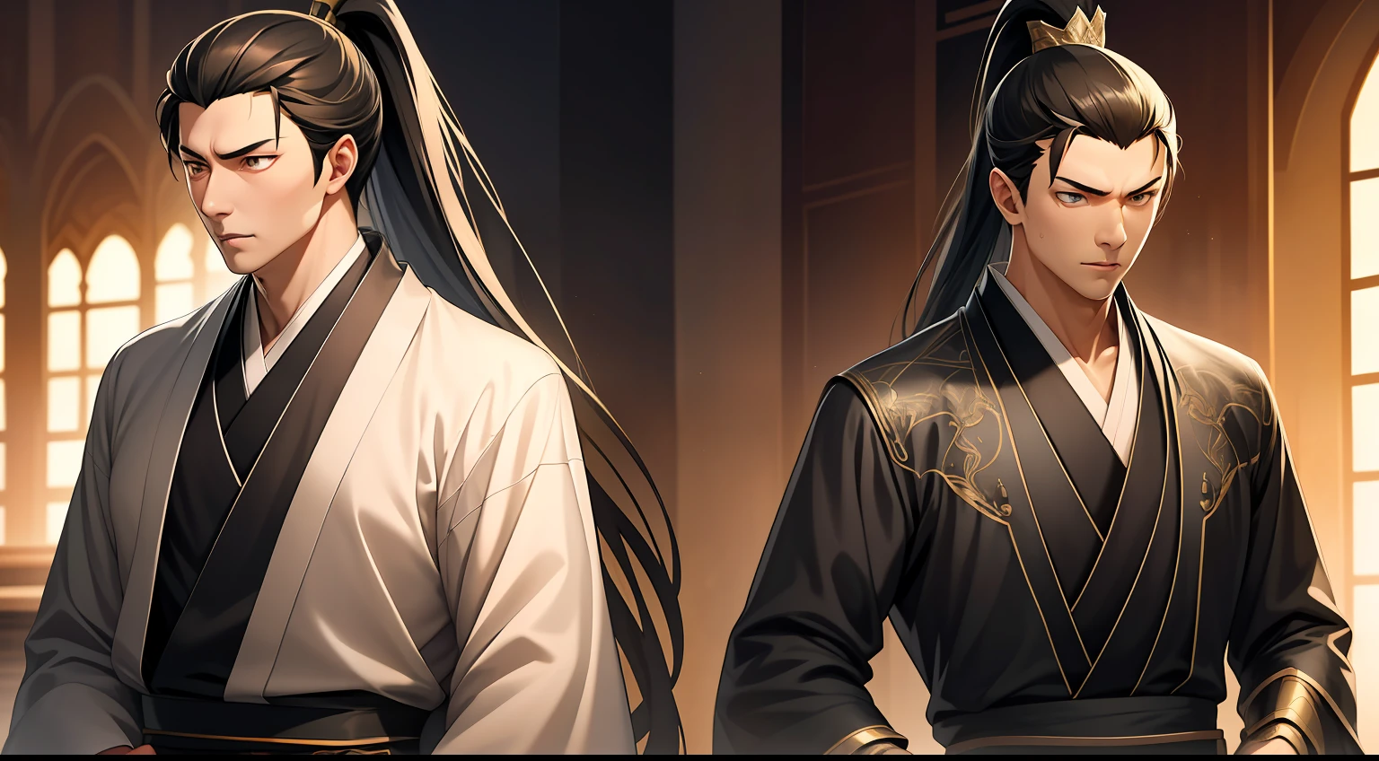 quadratic element,style of anime,mtu(Male Warrior),The proportions are correct,Face details,swordsmen,High ponytail hairstyle,Neck details,There is an Adam's apple,Black Hanfu,kaftan,Embroidered robes,Black robe,clothes details,Handing over,longer sleeves,Game quality,Swordsmanship,Light and shadow tracking,Ray traching,detailed glow,cg render,hair detail,long white hair,Black eyes,Handsome,Handsome,(juvenile sense),Clothing is complicated,Perfectcomposition,Refinement,high qulity,higher details,Lots of details,The background is complex,a sense of atmosphere,