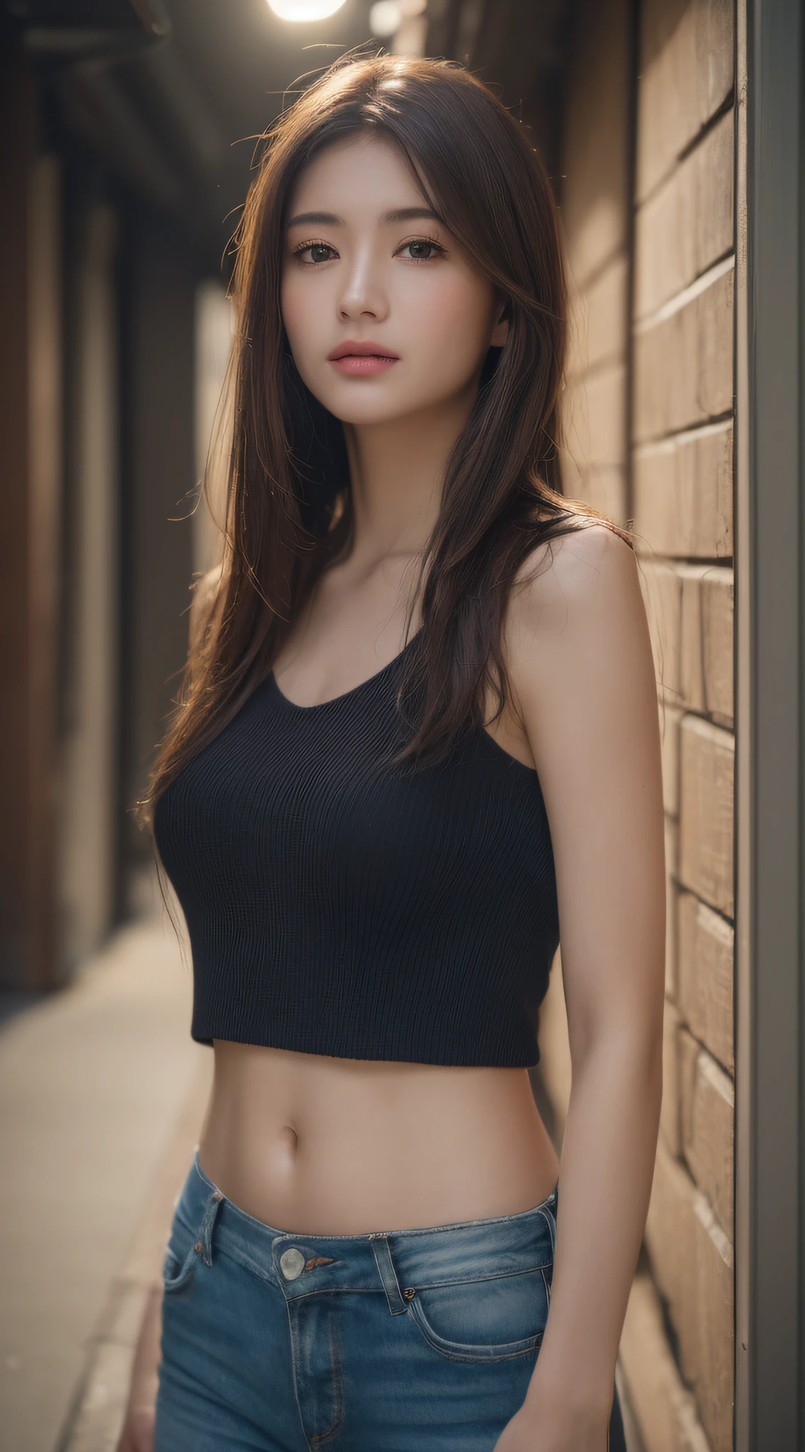 ((Realistic lighting、top-quality、8K、masterpiece:1.3))、focus:1.2、1girl in、perfectbodybeauty:1.4、Slim abs:1.1、((Dark brown hair))、(outside of house、natta:1.1)、City Street、Superfine Face、Fine Eyes、二重まぶた、