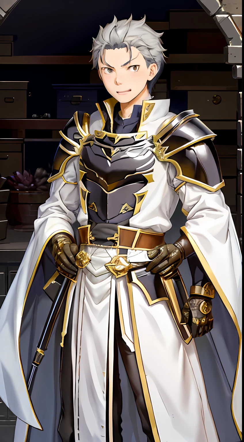 (1 Adult male),A high resolution, Sharp focus, Pixiv masterpiece, ((Complicated details)), highly detailed, natsuki_subaru, 1 man, with her mouth open,drools,full bodyesbian, Golden eyes(eyes glowing), with short white hair,Combat uniforms and armor,cloaks,Shoulder armor,perspire,look from down